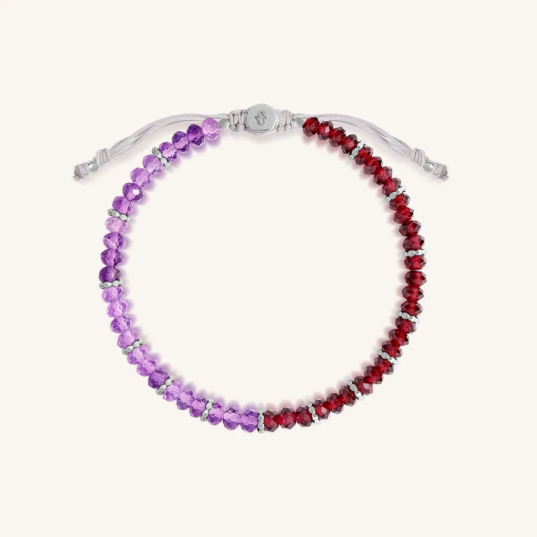 Women's Dreamy Energizer Amethyst Garnet drawstring bracelet by Karma and Luck with purple amethyst and red garnet beads.