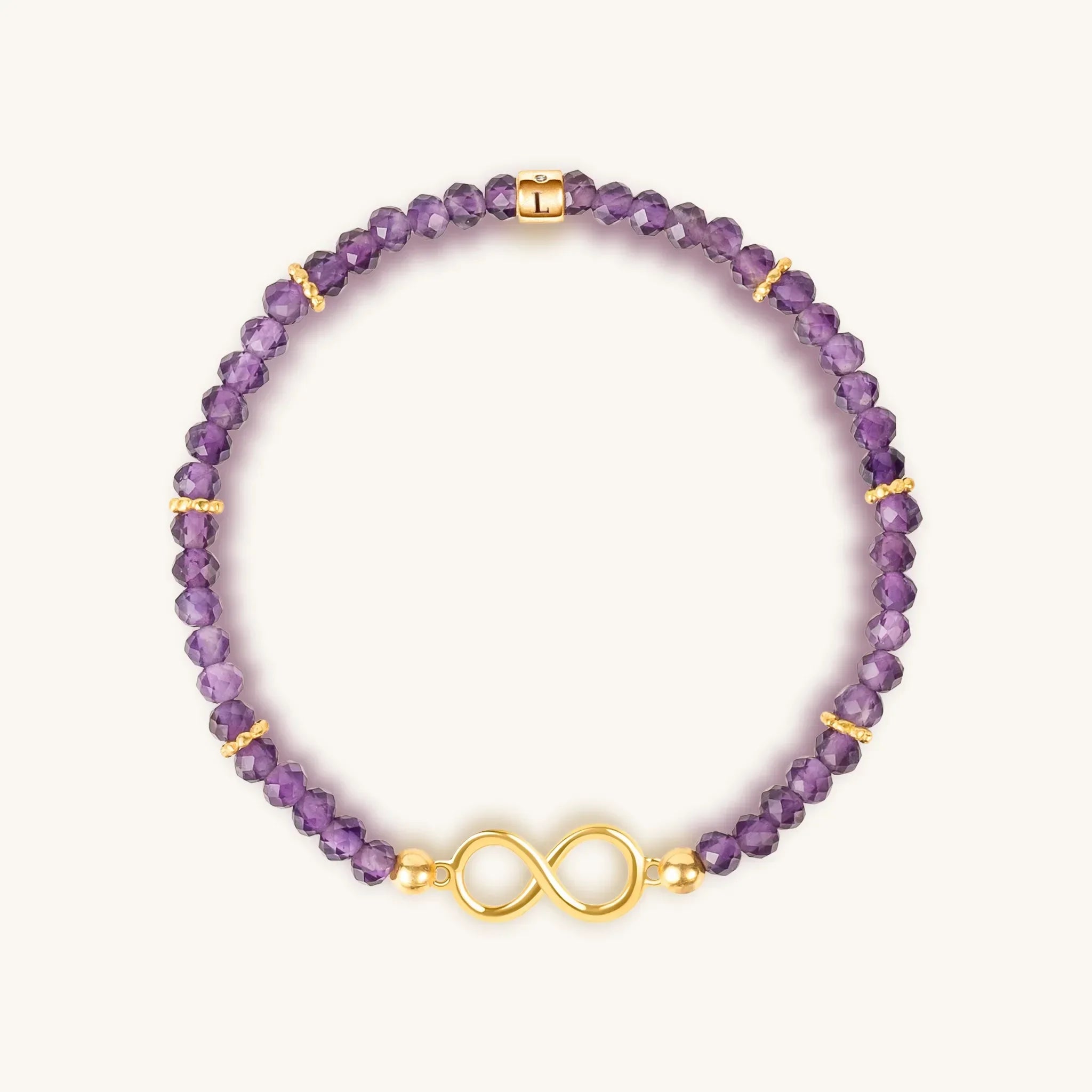 Women's Karma and Luck Eternal Bliss Amethyst Infinity Charm Bracelet featuring purple gemstone beads and infinity charm.