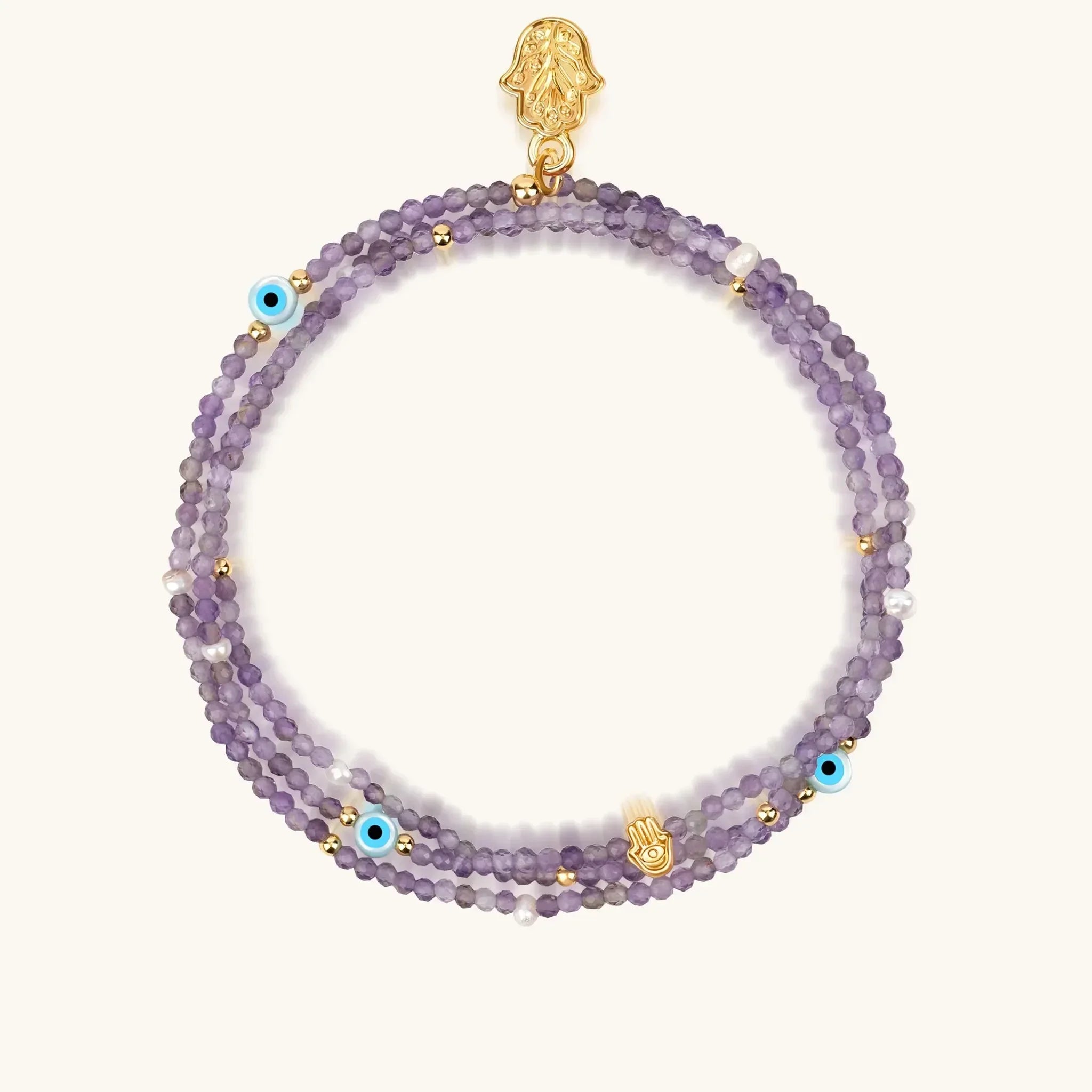 Karma and Luck women's Harmonious Spirit Amethyst wrap bracelet with purple gemstones and silver accents.