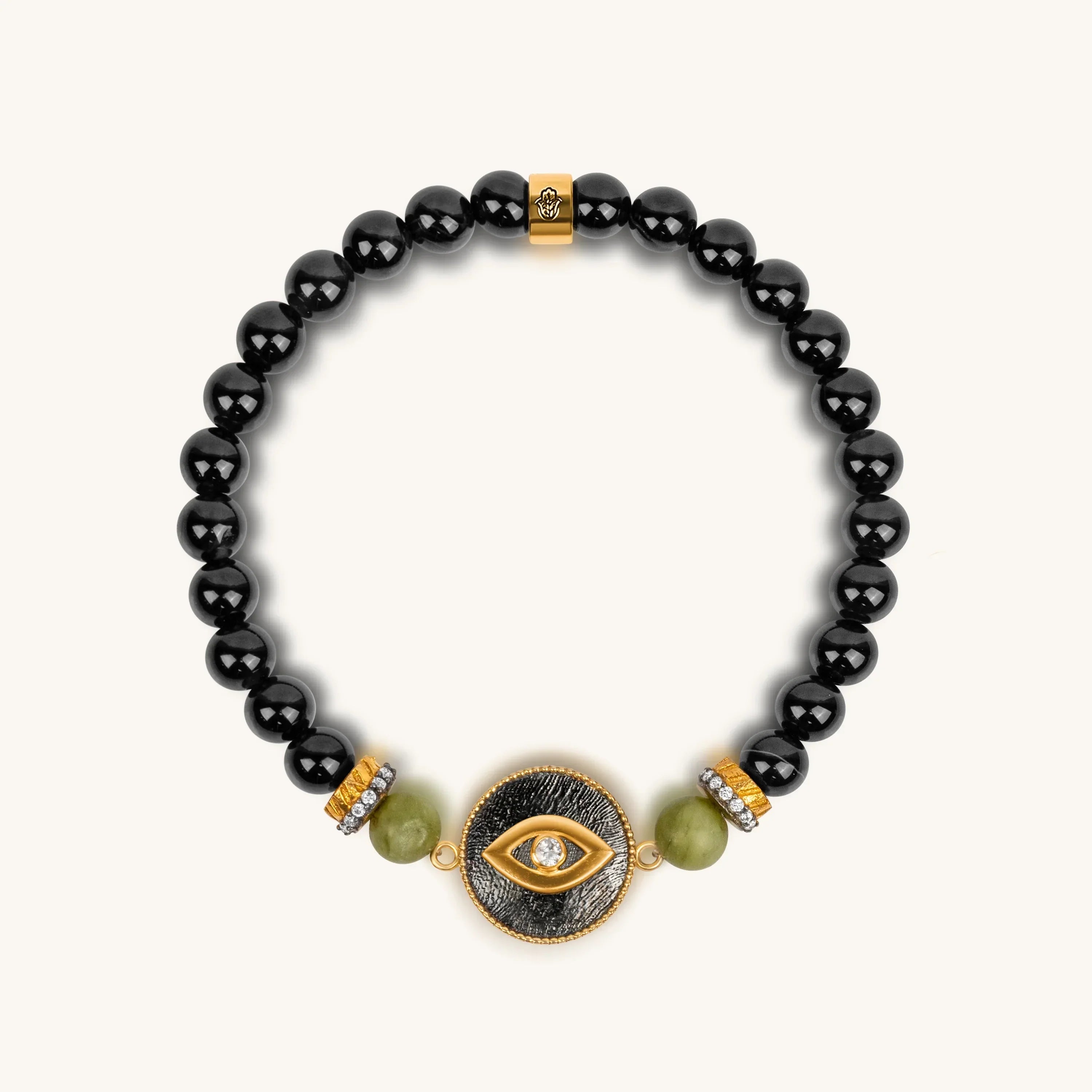 Womens black onyx and jade bracelet with evil eye charm and positivity magnet by Karma and Luck