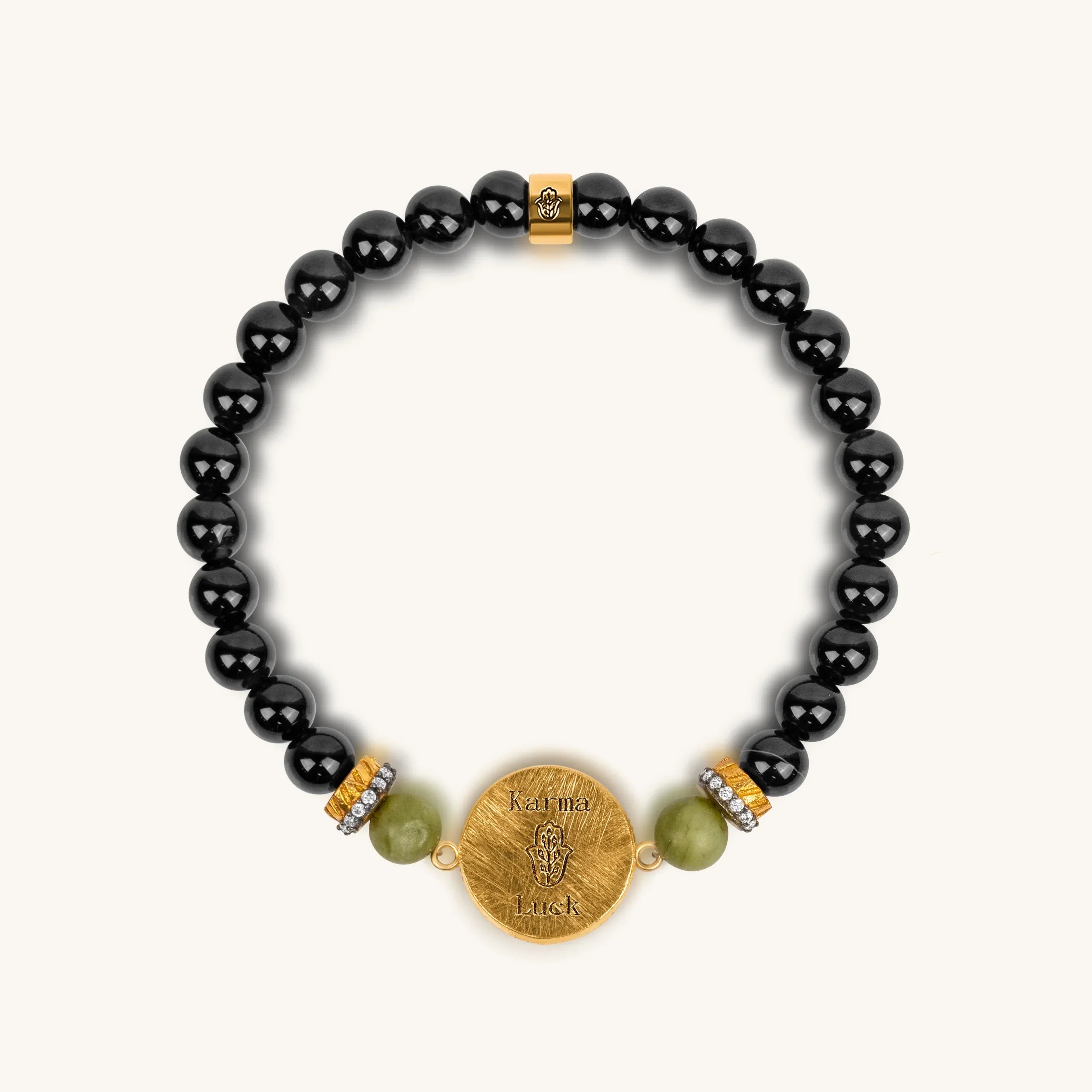Womens black onyx and jade bracelet with evil eye charm, positivity magnet bracelet by Karma and Luck