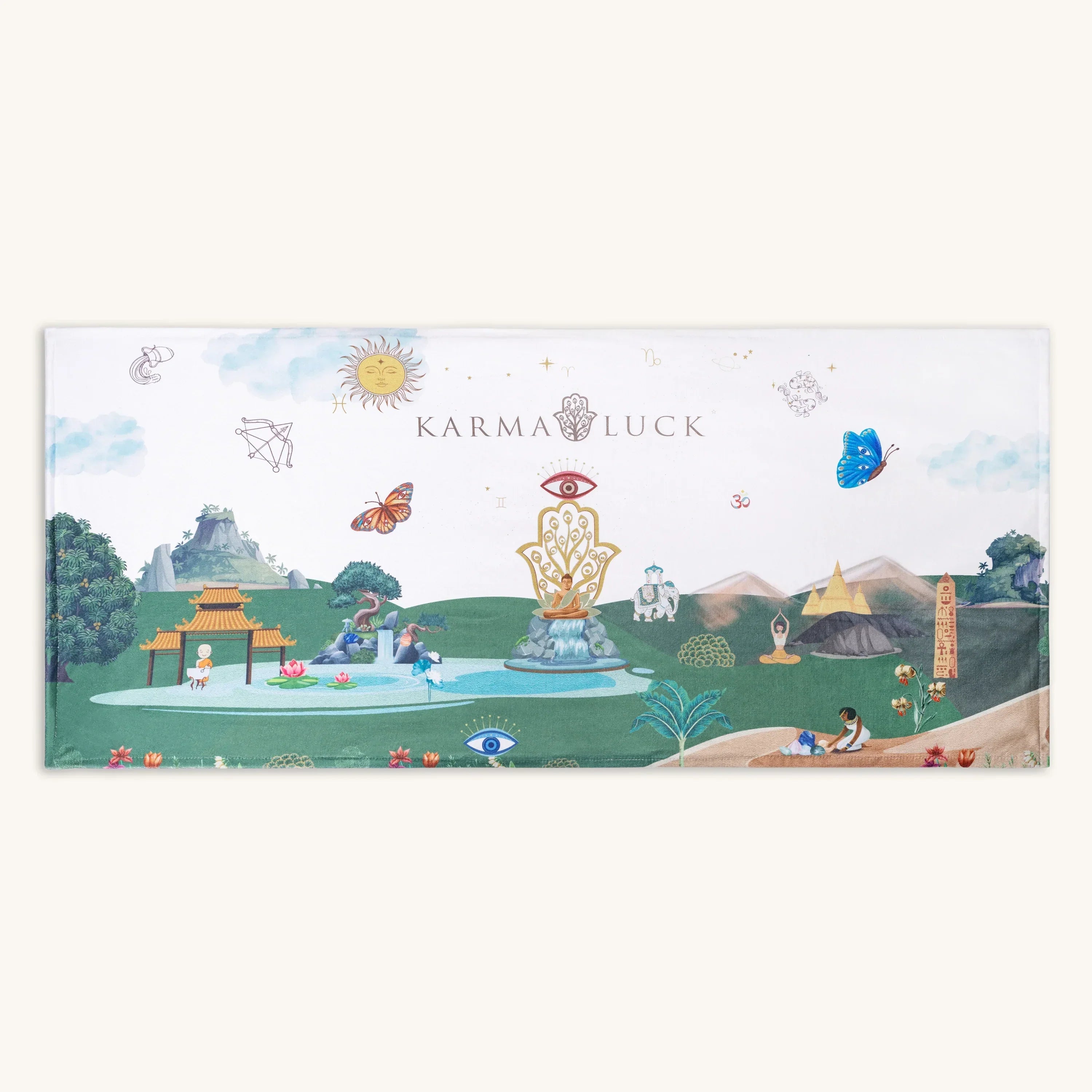Karma and Luck Dreamy Escape Beach Towel with vibrant tropical patterns, soft cotton fabric for beach or home decor use.