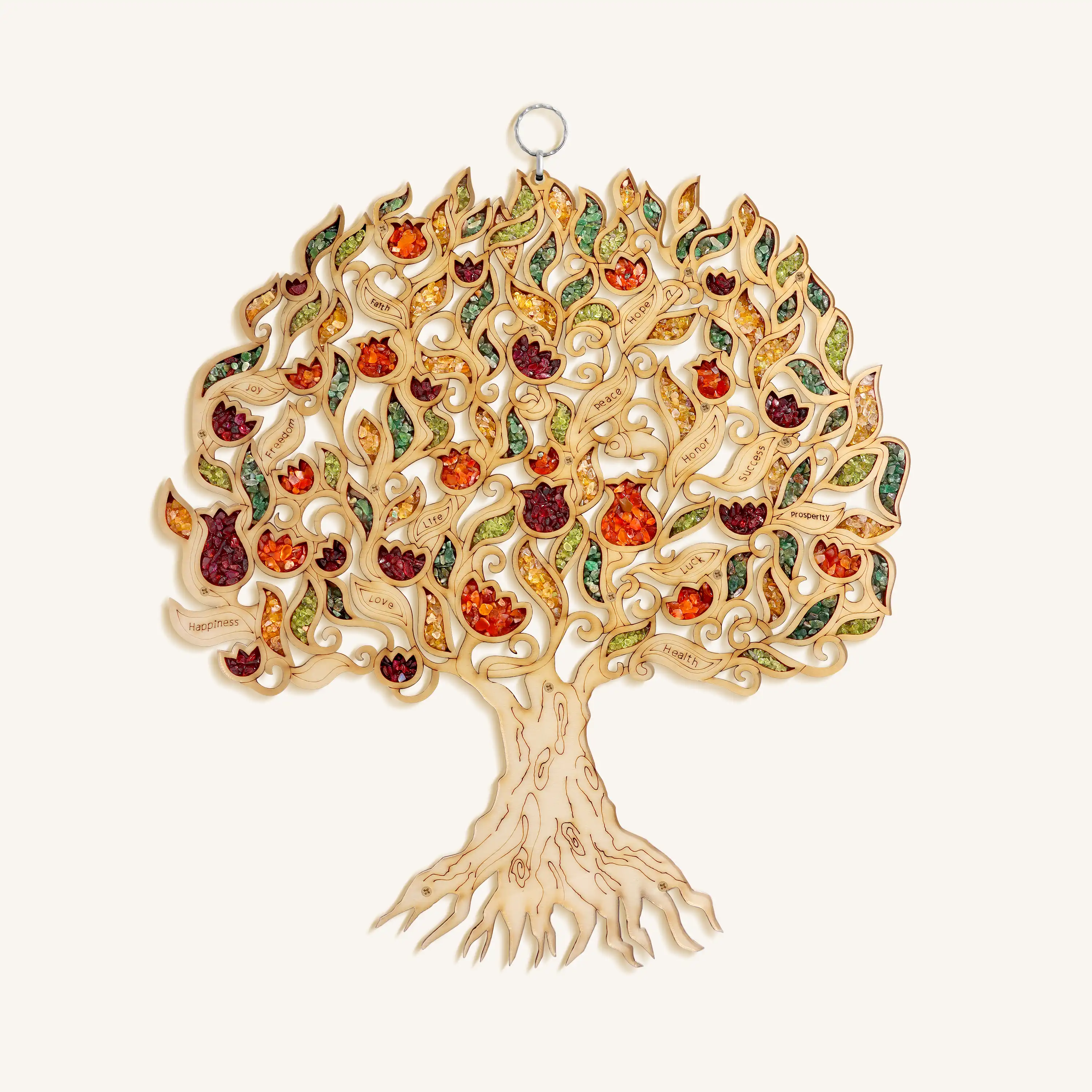 Karma and Luck Roots of Light Tree of Life gem blessing home decor sculpture with intricate tree design and gemstone accents.