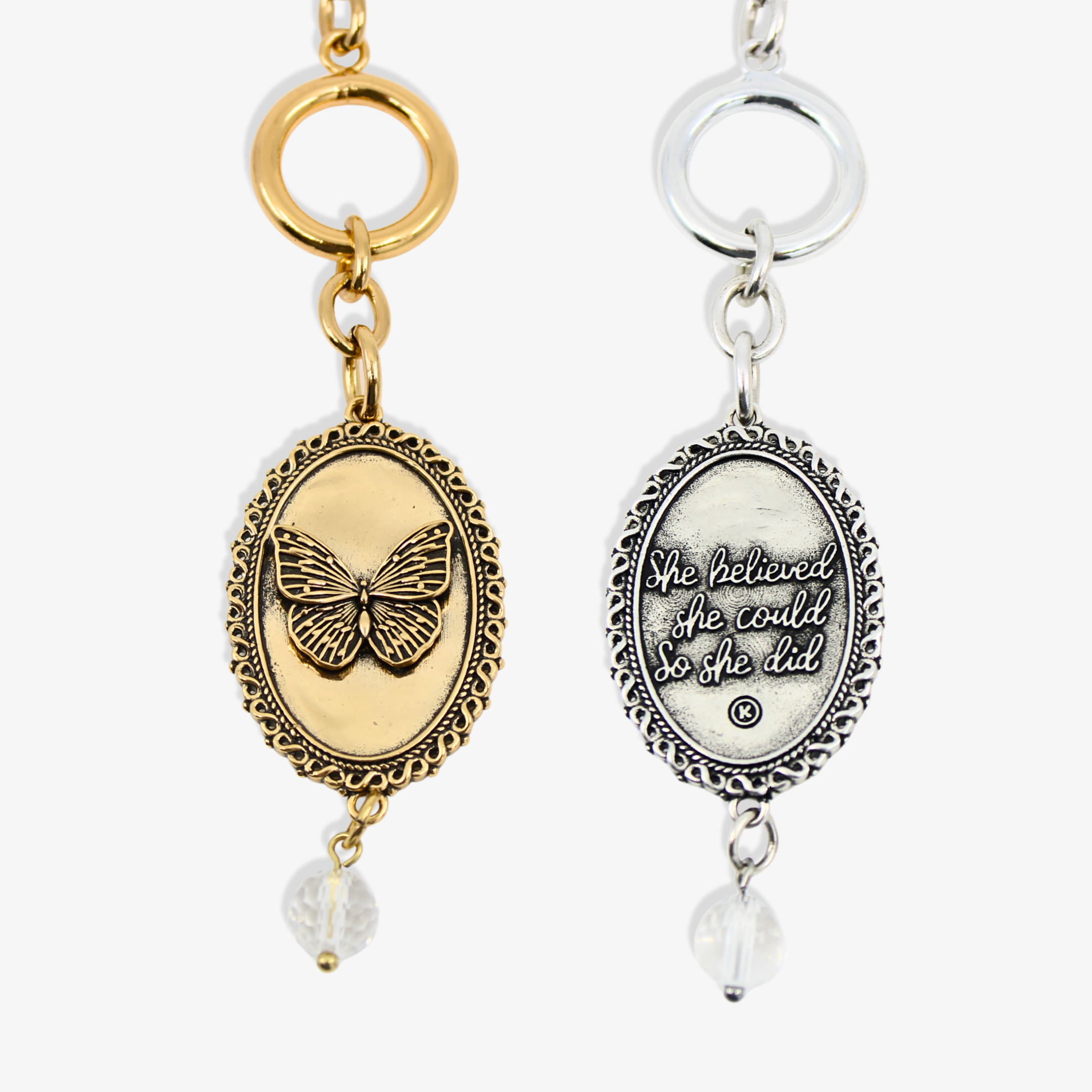 Katia Designs antique gold butterfly choker necklace with engraved "She Believed She Could" lettering, stylish and elegant jewelry.