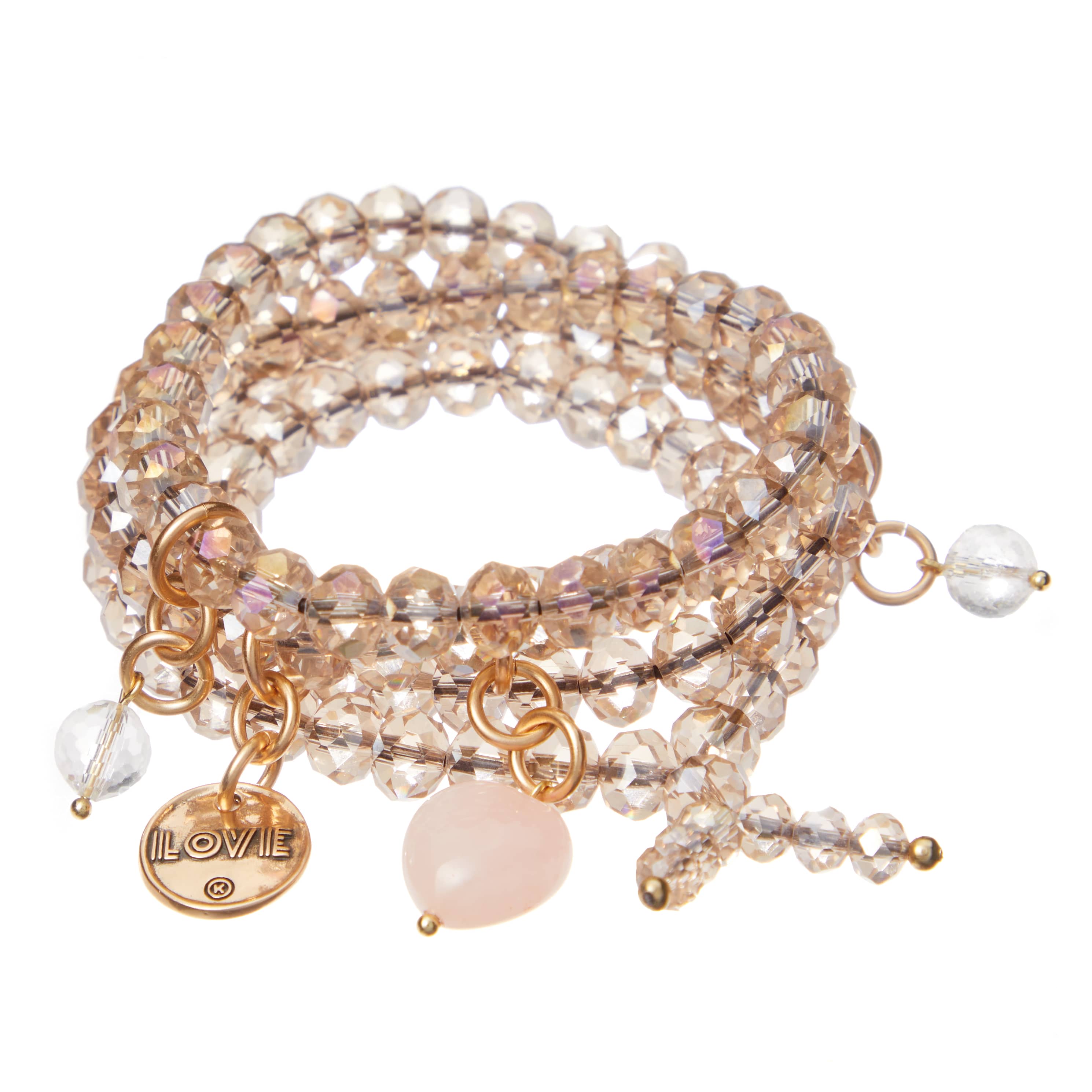 Katia Designs love heart crystal boho wrap bracelet and necklace featuring sparkling crystals and bohemian style jewelry.