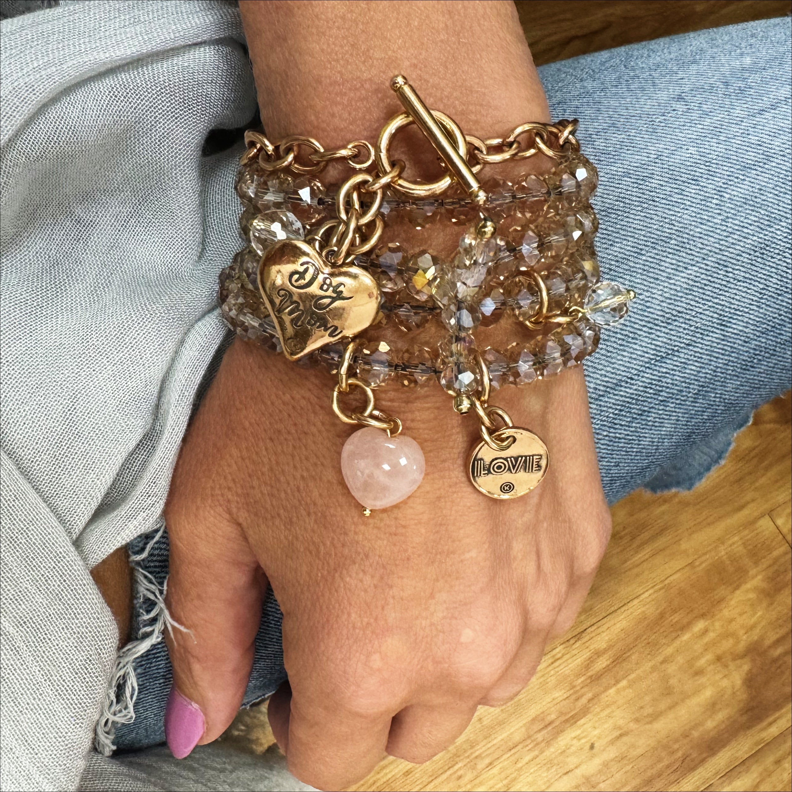 Katia Designs love heart crystal boho wrap bracelet and necklace featuring sparkling crystals and bohemian style.