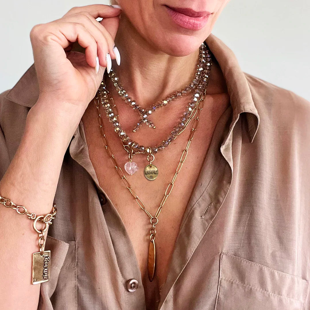 Katia Designs Love Heart Crystal Boho Wrap Bracelet and Necklace with sparkling crystal accents and adjustable wrap style.