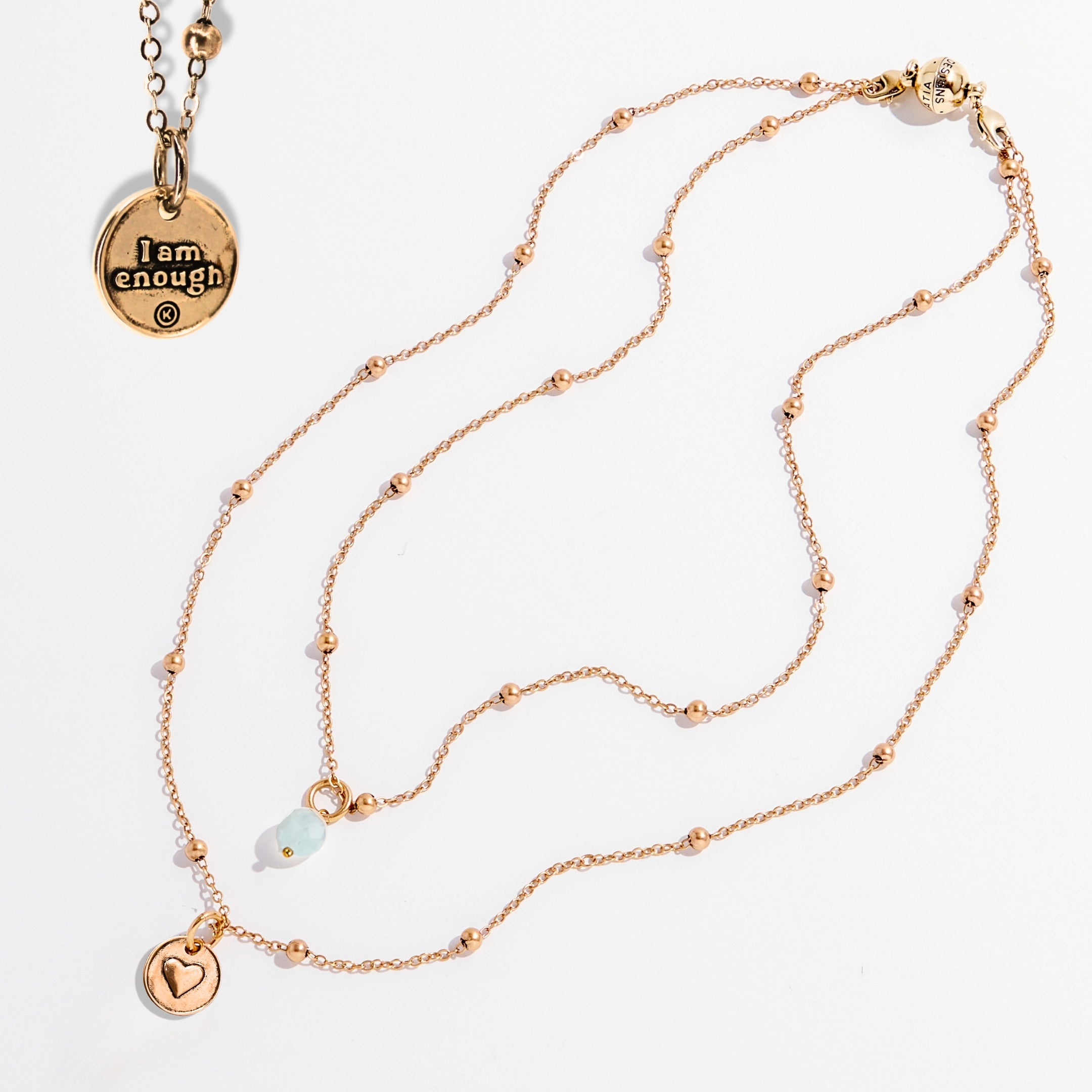 Katia Designs dainty antique gold necklace with black lips, pearl, and "I Am Enough" heart pendant, delicate and elegant jewelry piece