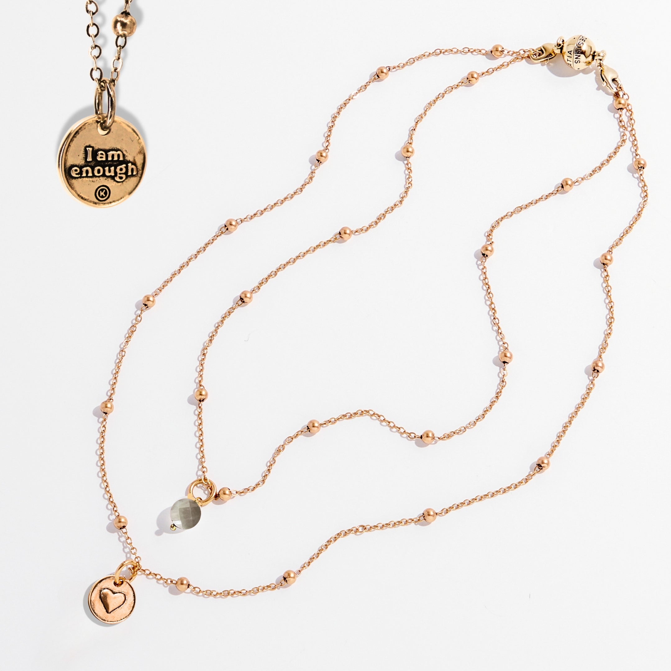 Katia Designs dainty gold heart necklace with black lip pearl and "I Am Enough" pendant, elegant jewelry for daily wear.