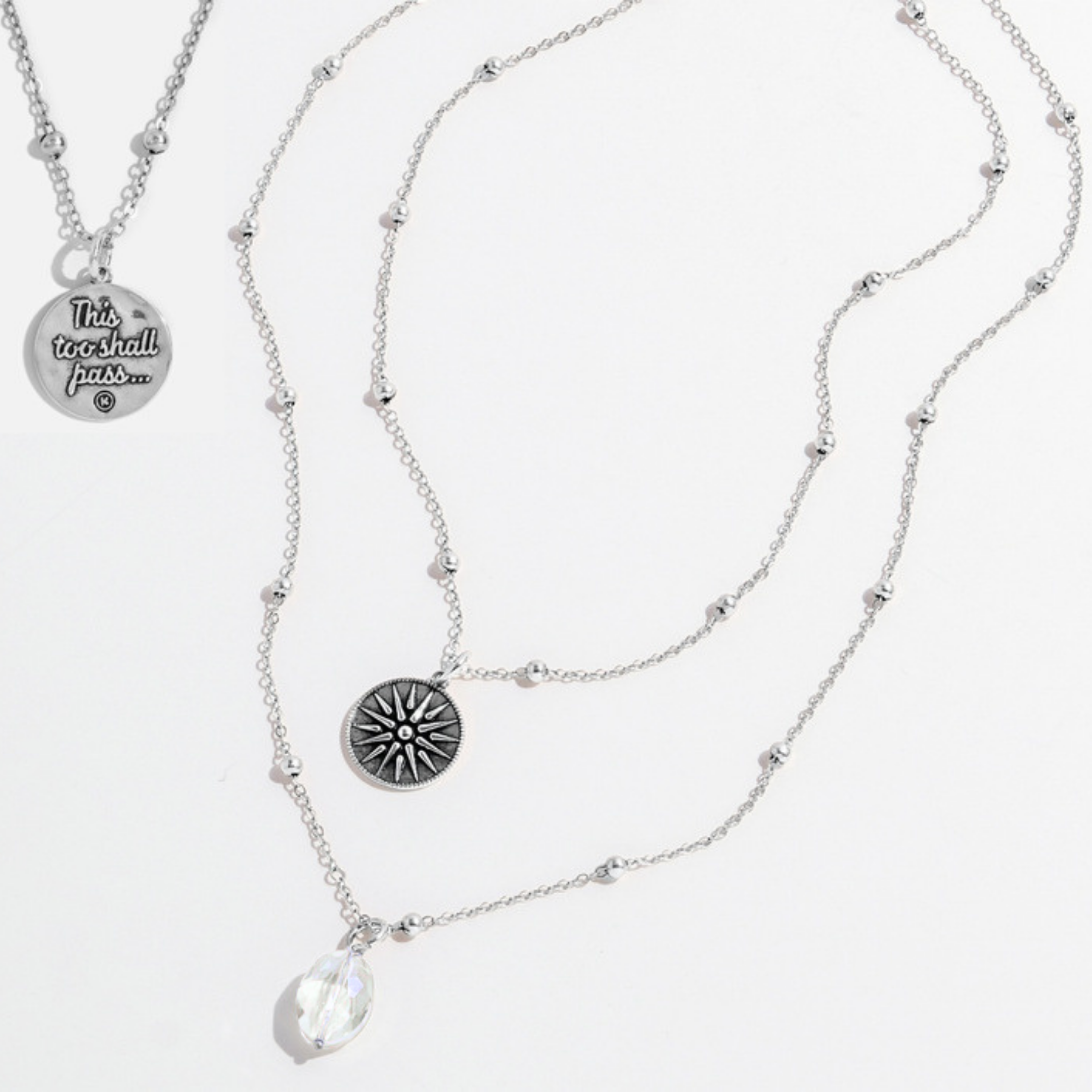 Silver Dainty "This Too Shall Pass" Star Necklace by Katia Designs, close-up of delicate chain and star pendant.