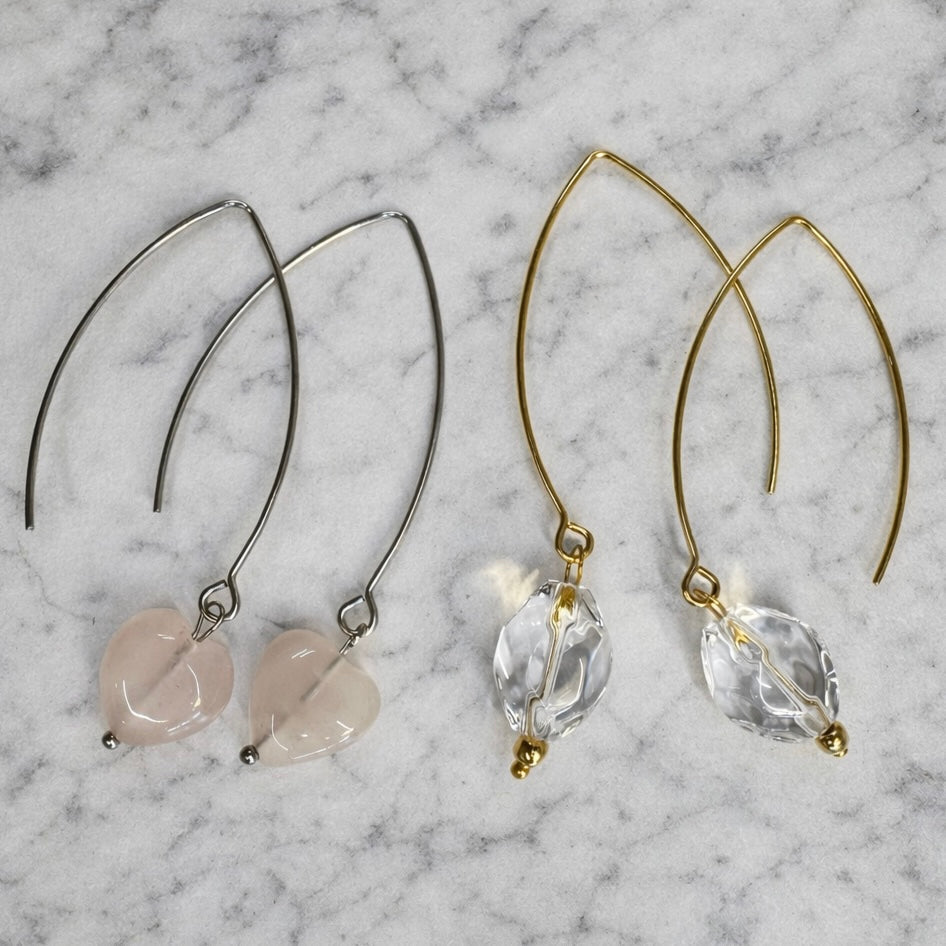 Katia Designs small stone drop earrings with antique gold finish and crystal quartz accents, elegant jewelry for women