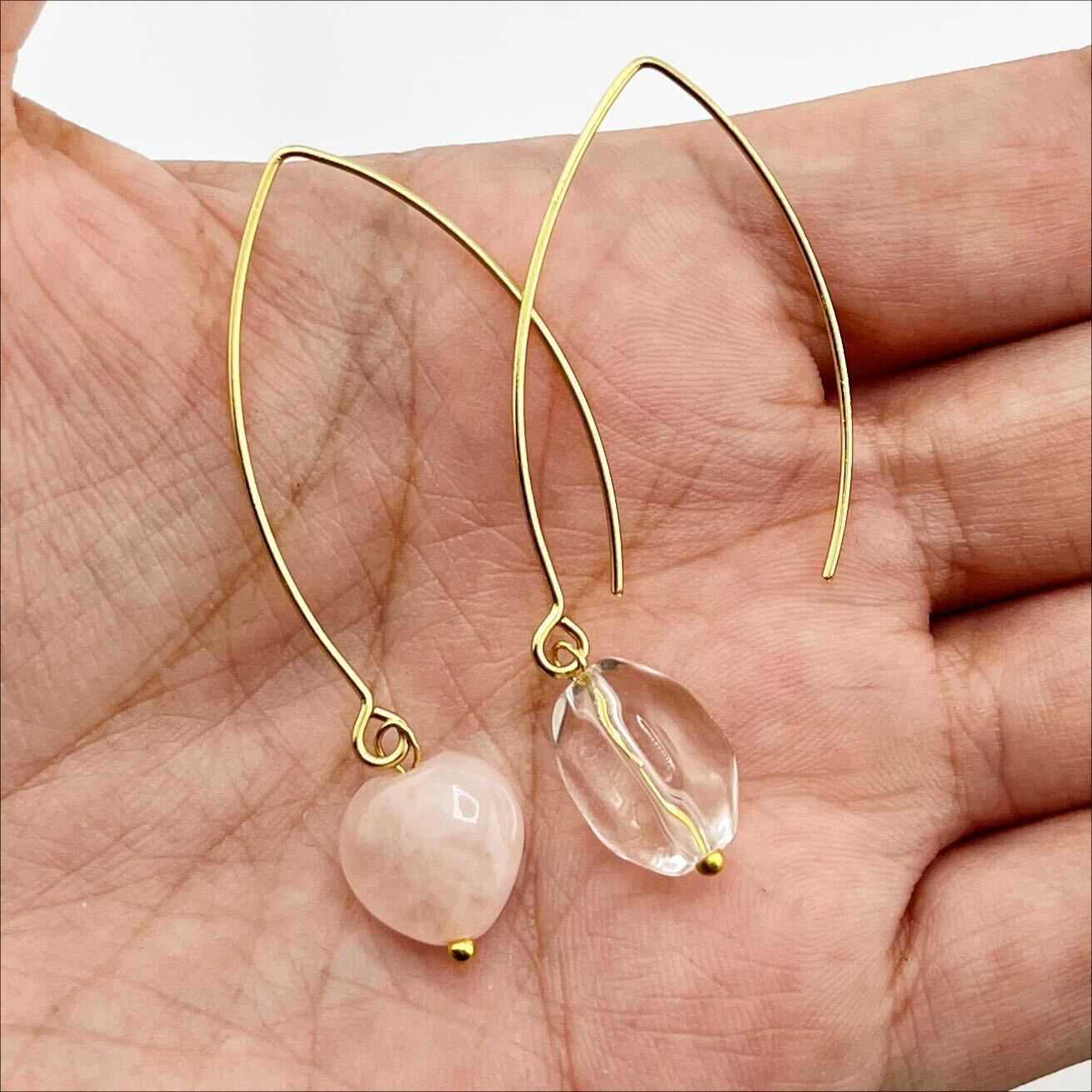 Small stone drop earrings in antique gold with crystal quartz, designed by Katia Designs.