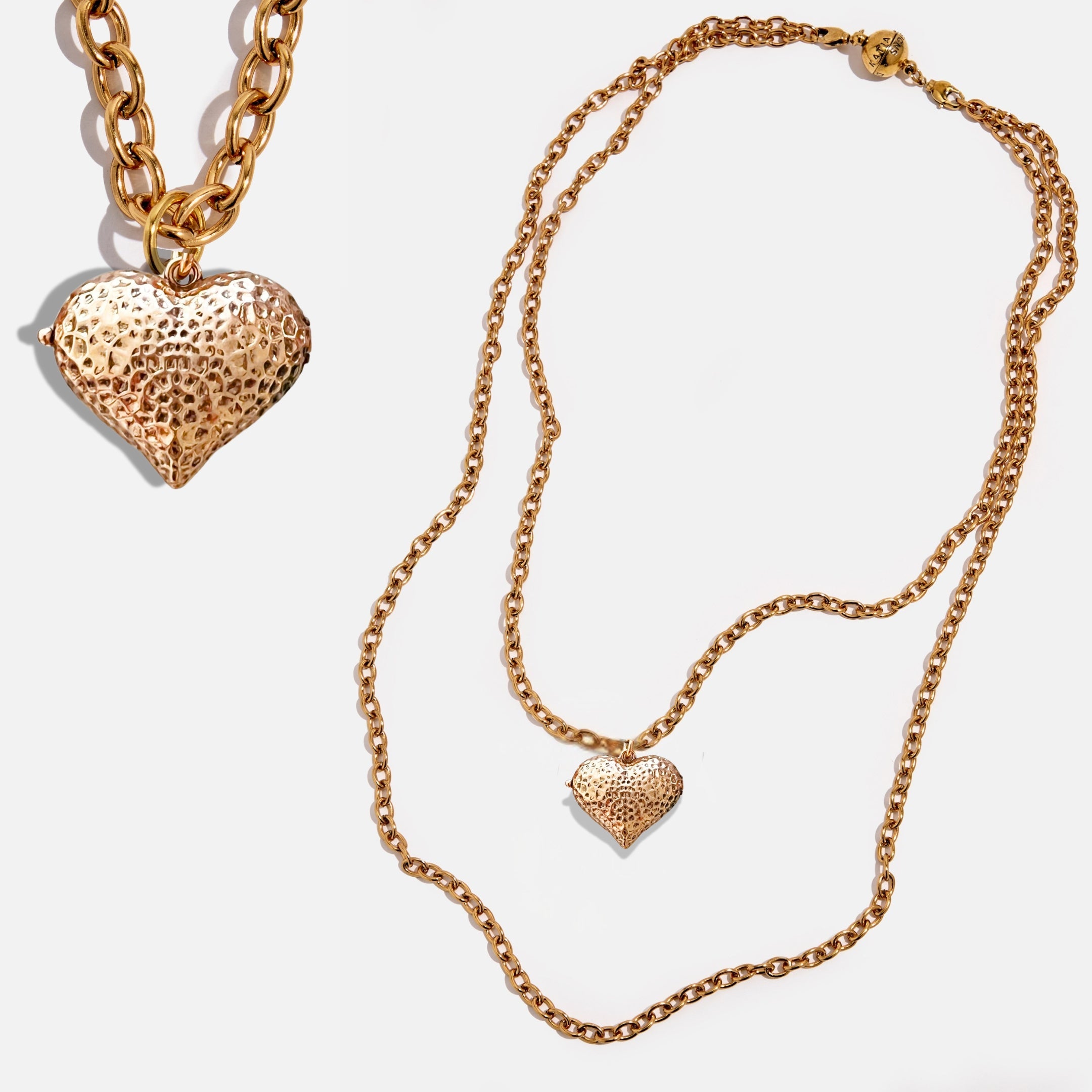 Katia Designs antique gold heart locket essential necklace featuring a delicate heart pendant on a fine chain.