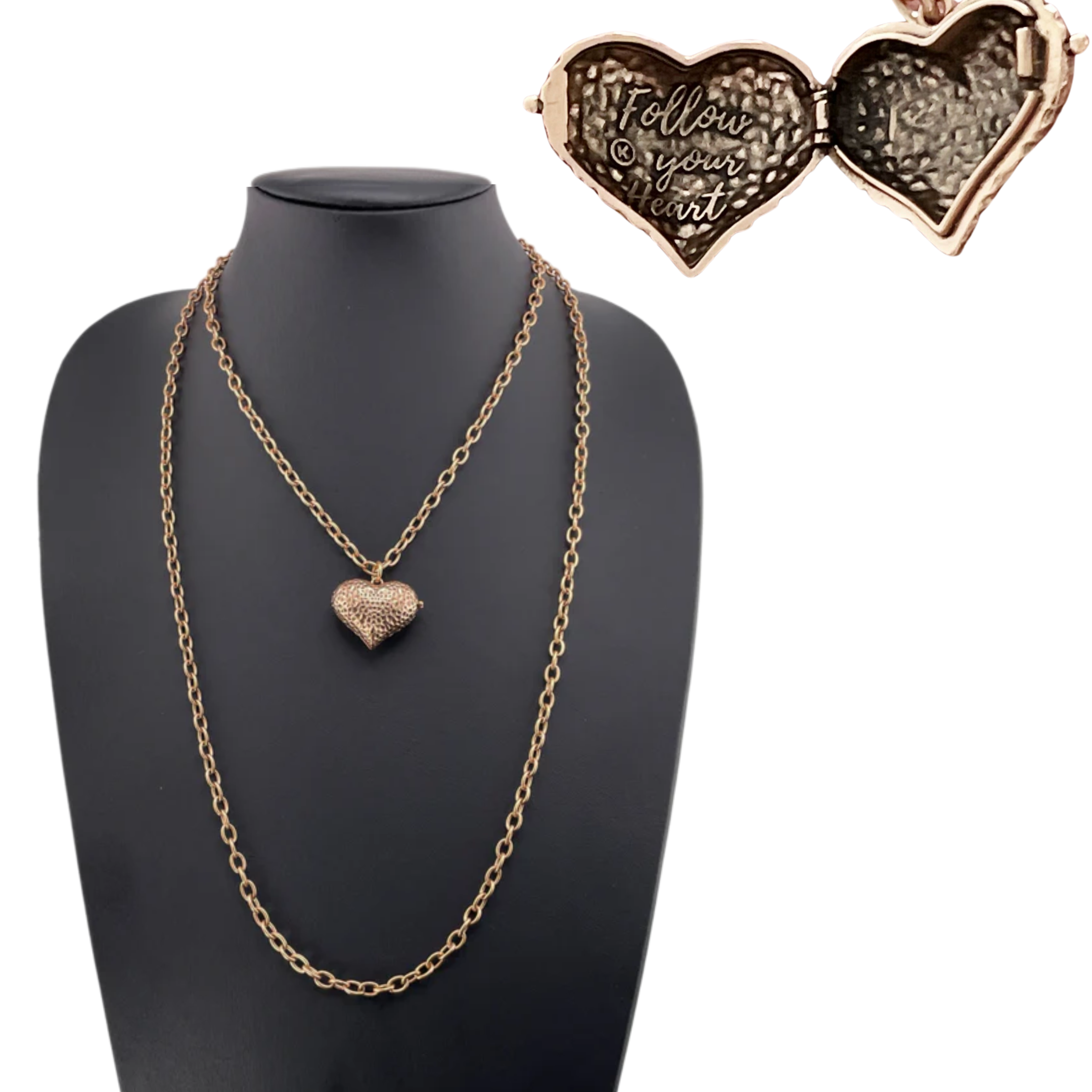 Katia Designs Heart Locket Essential Necklace in antique gold with a delicate heart-shaped pendant on a fine chain.