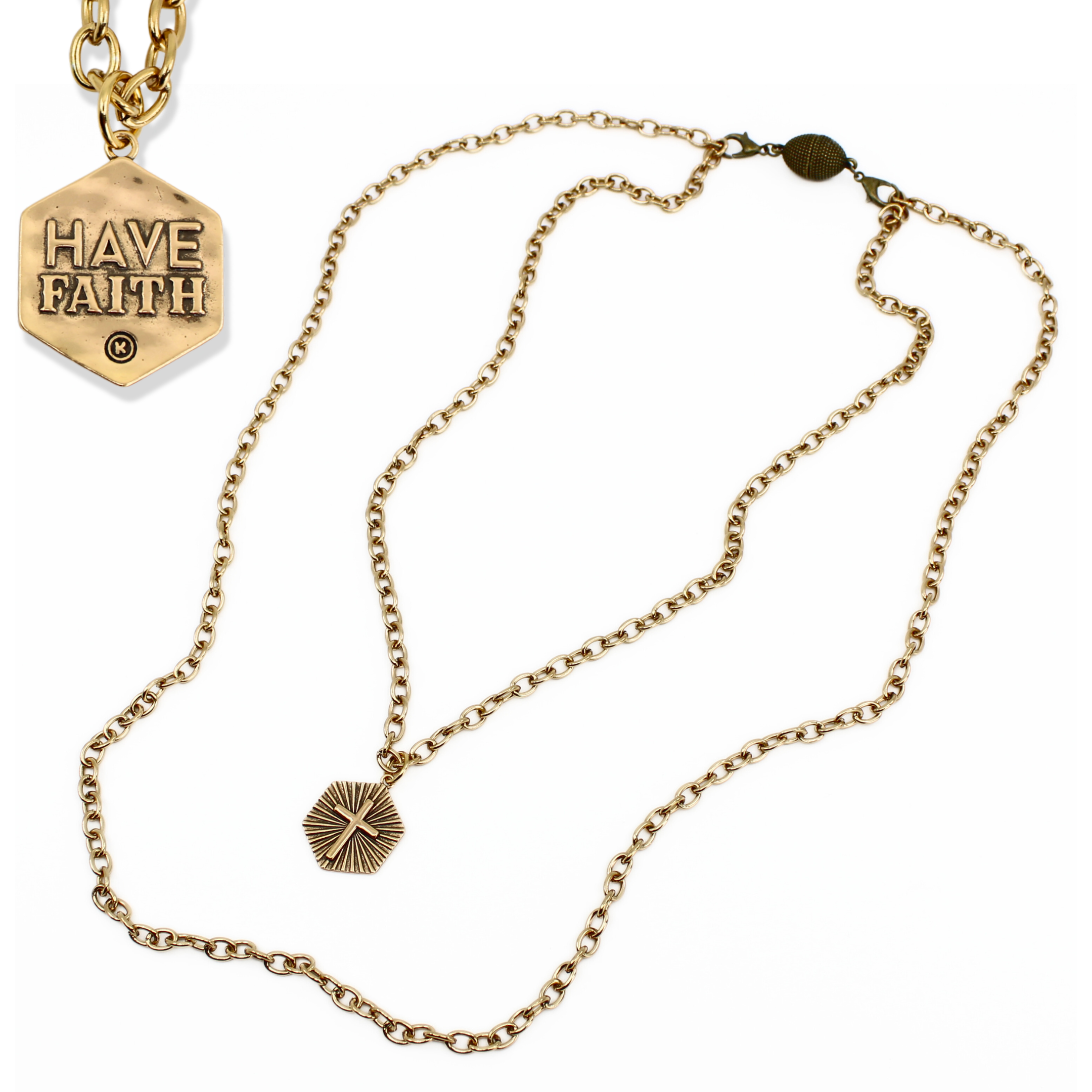 Antique gold Have Faith essential necklace by Katia Designs featuring a delicate chain with a faith-themed pendant.