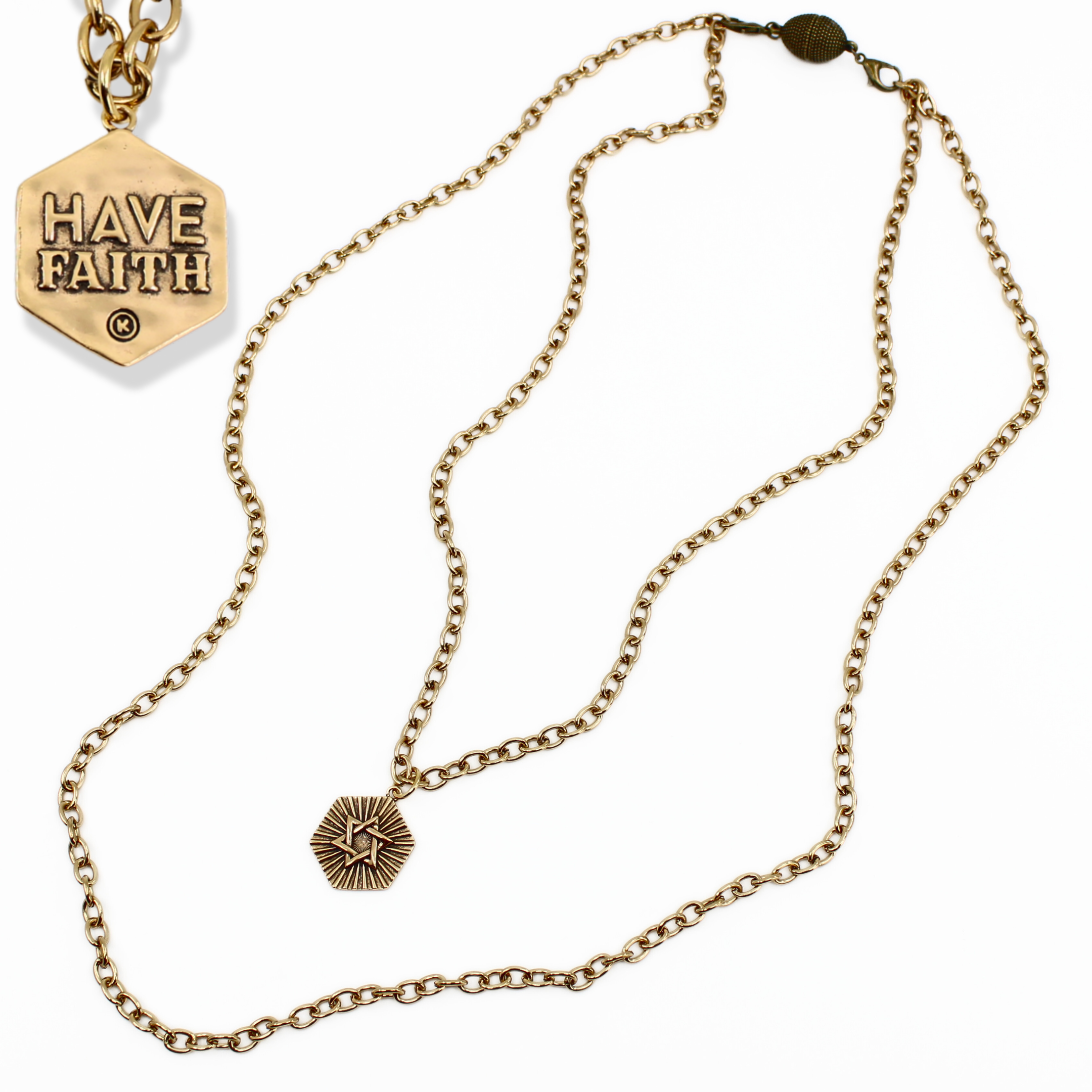 Antique gold Have Faith essential necklace by Katia Designs featuring a delicate pendant on a fine chain.