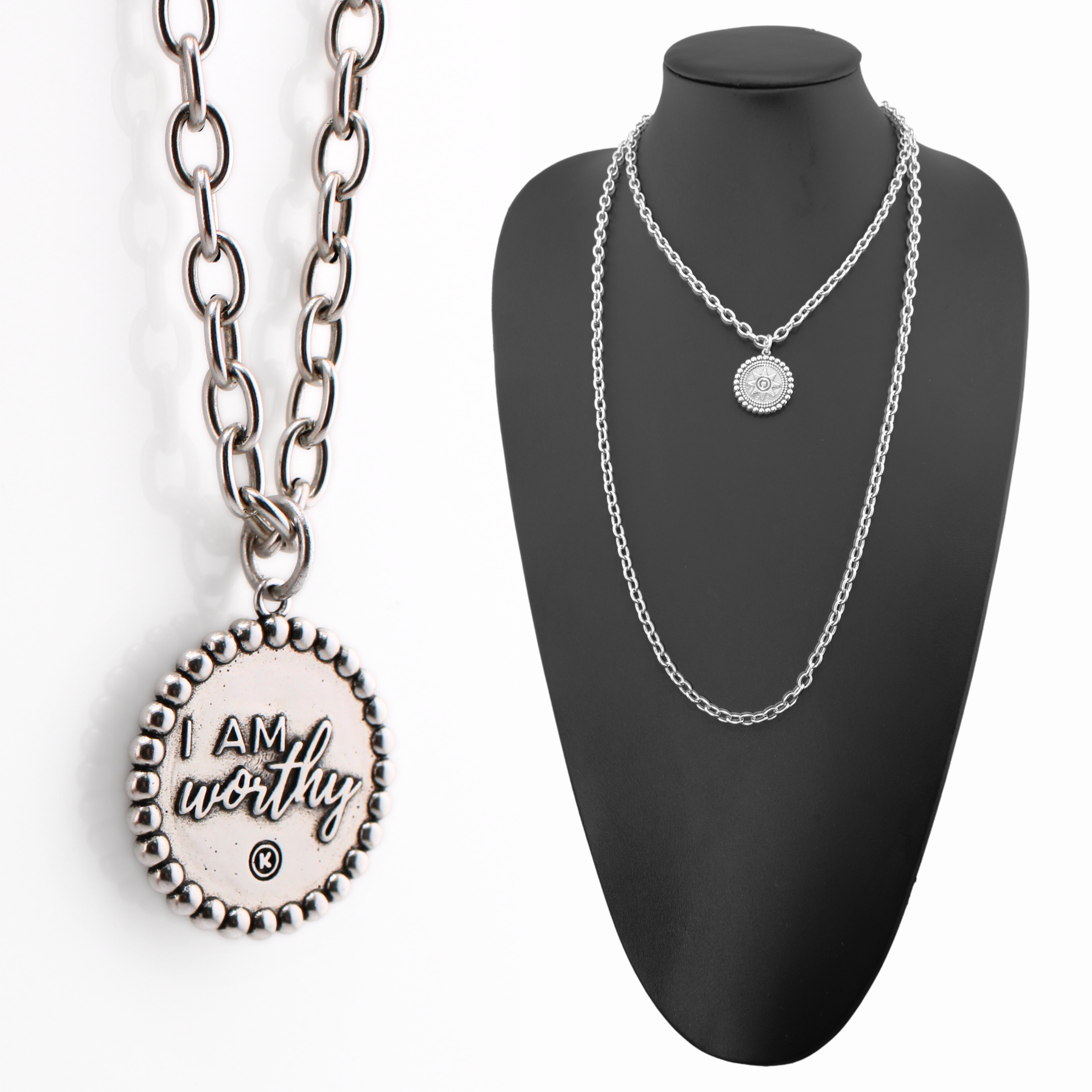 Katia Designs I Am Worthy Sun Essential Necklace in antique gold with sun pendant, stylish jewelry for empowering accessories.