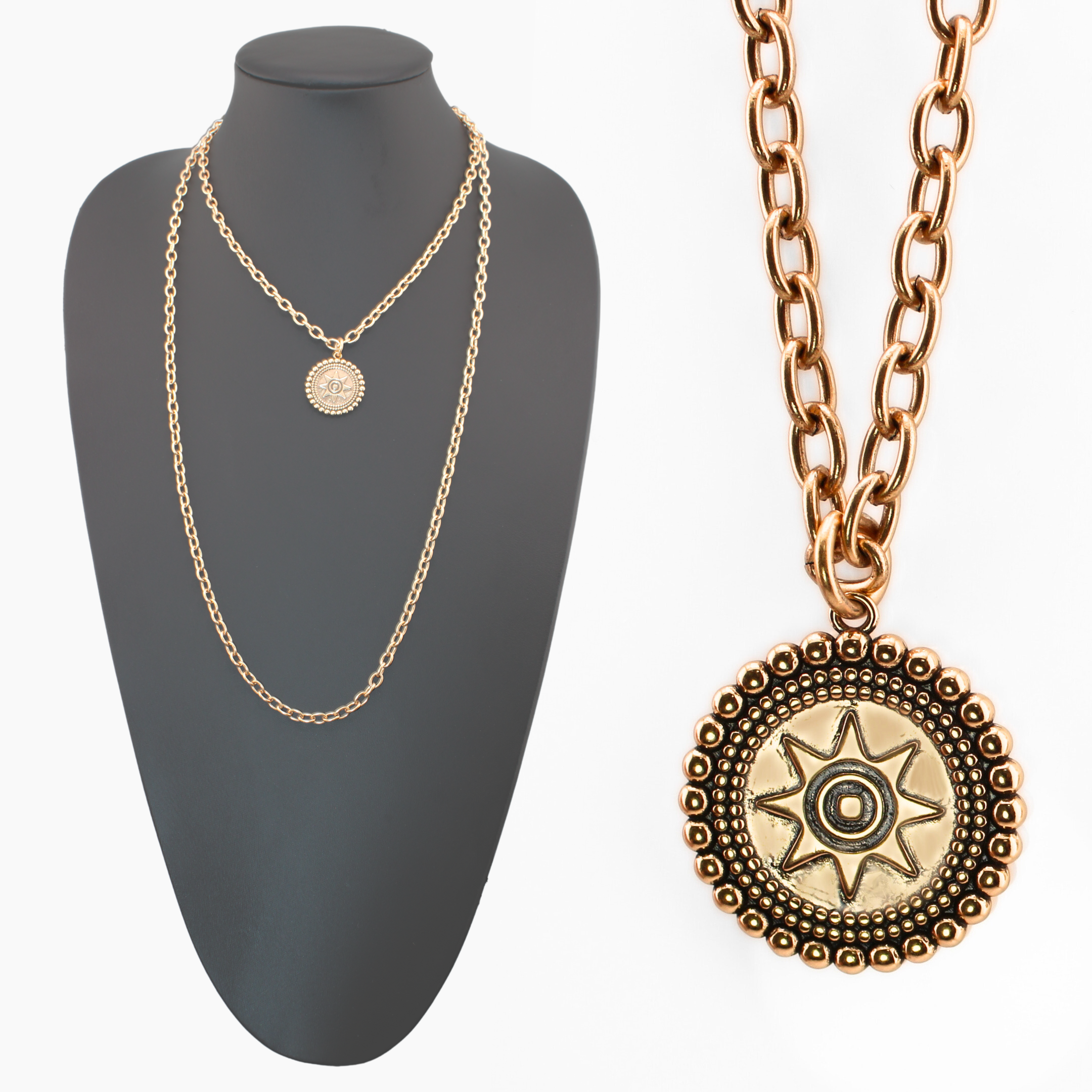 Katia Designs I Am Worthy Sun Essential Necklace in antique gold, featuring a sun pendant with inspirational message.