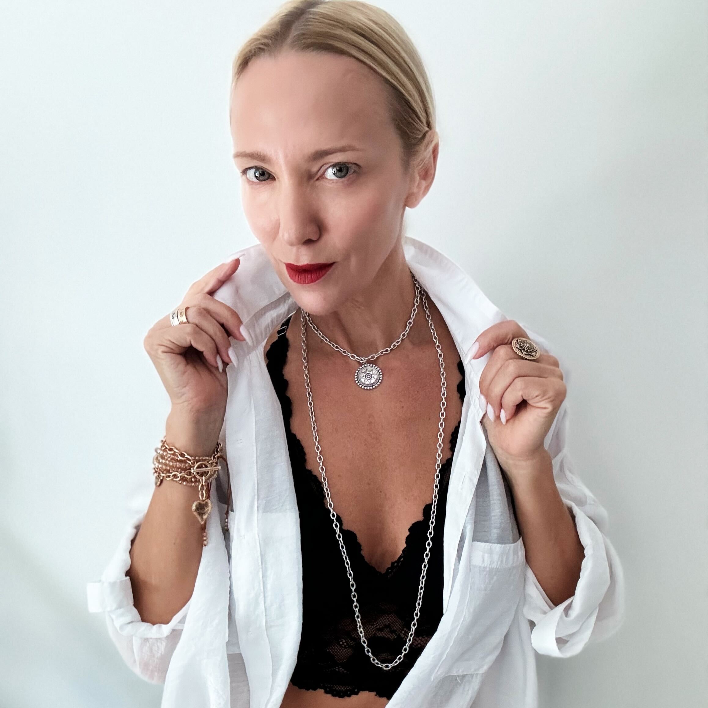 Katia Designs I Am Worthy Sun Essential Necklace in antique gold with a sun pendant, elegant jewelry for daily wear.