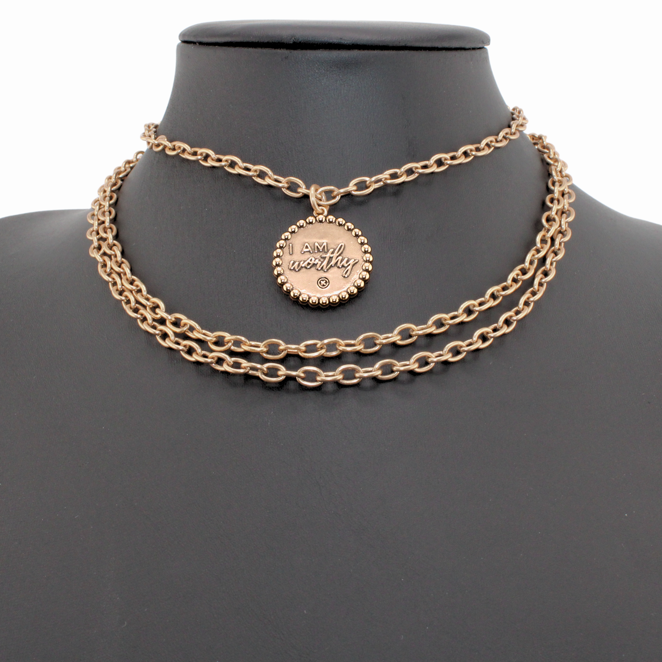 Katia Designs I Am Worthy Sun Essential Necklace in antique gold with sun pendant, stylish and inspiring jewelry piece.