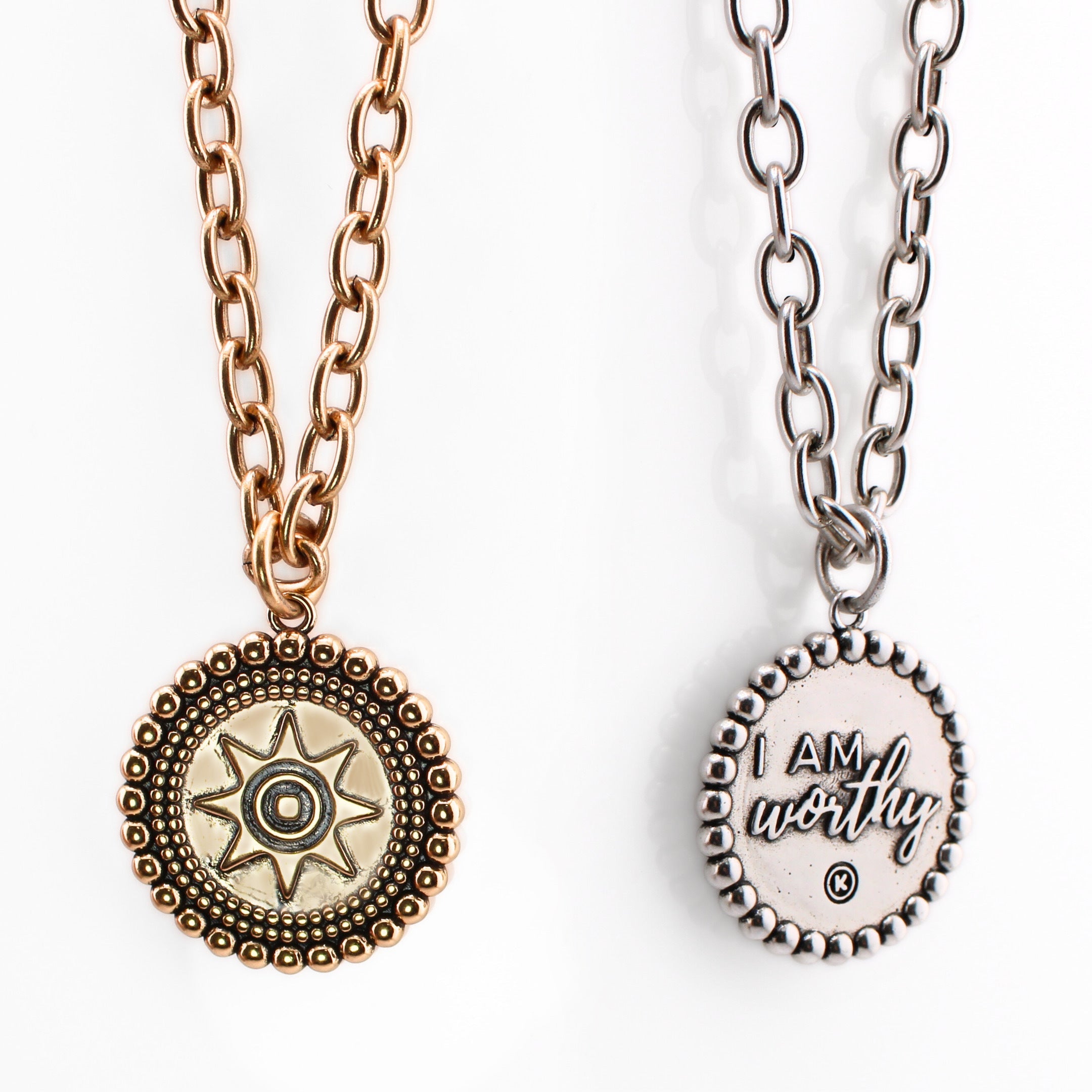 Katia Designs I Am Worthy Sun Essential Necklace in antique gold, featuring a sun pendant on a delicate chain.