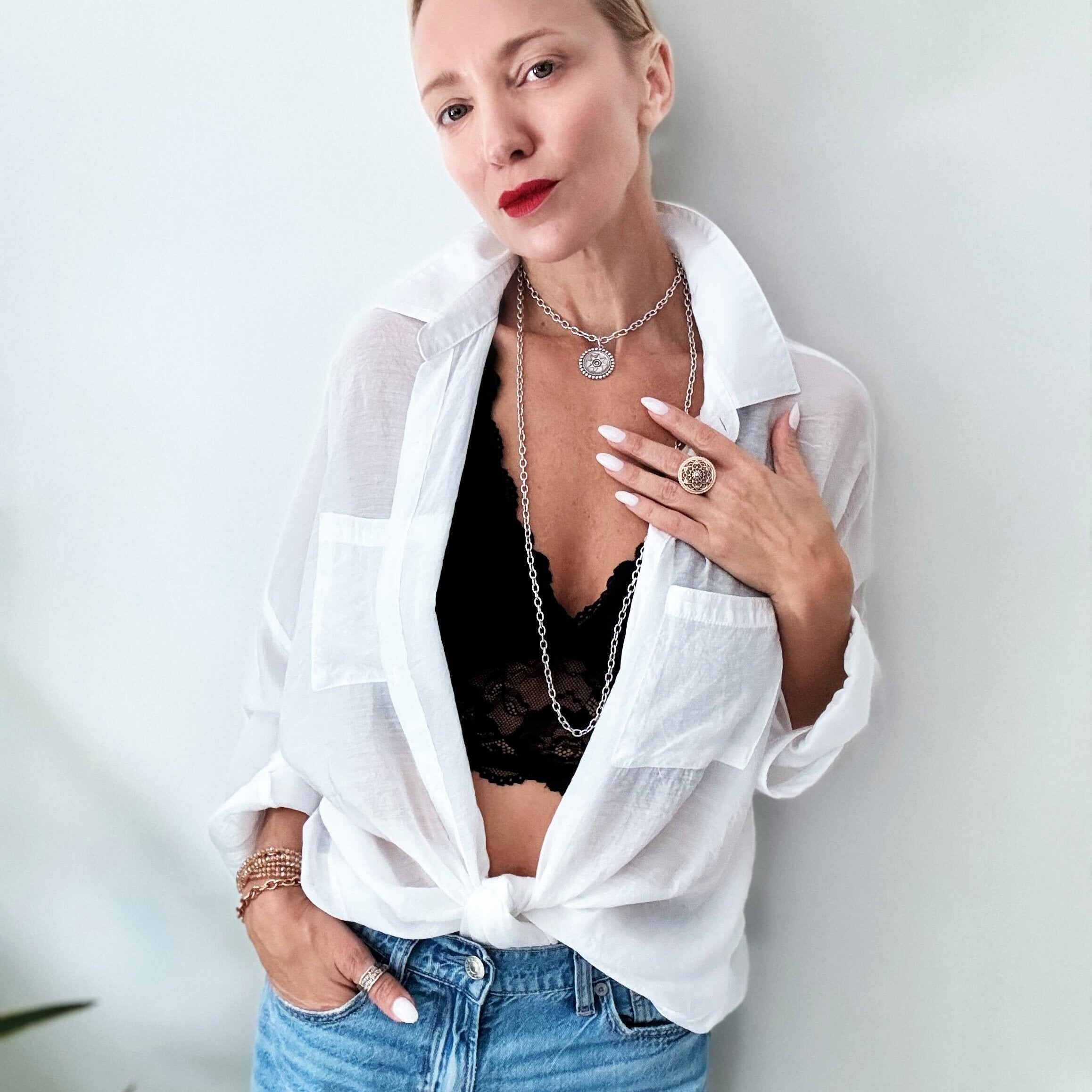 Katia Designs I Am Worthy Sun Essential Necklace in antique gold with sun pendant, elegant and inspiring jewelry piece.