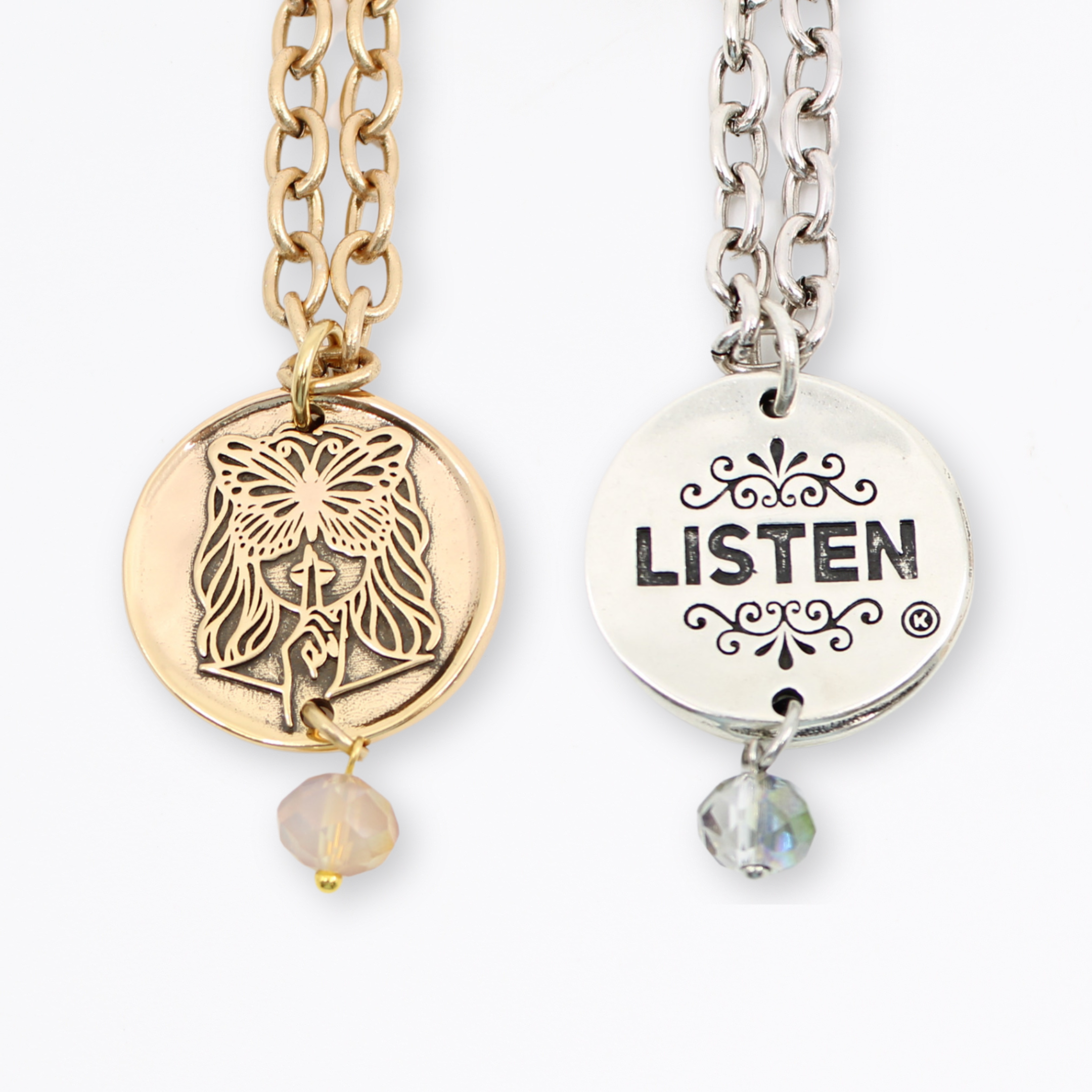 Katia Designs Listen Madame Butterfly Essential Necklace in antique gold, delicate chain with butterfly pendant for elegant style.