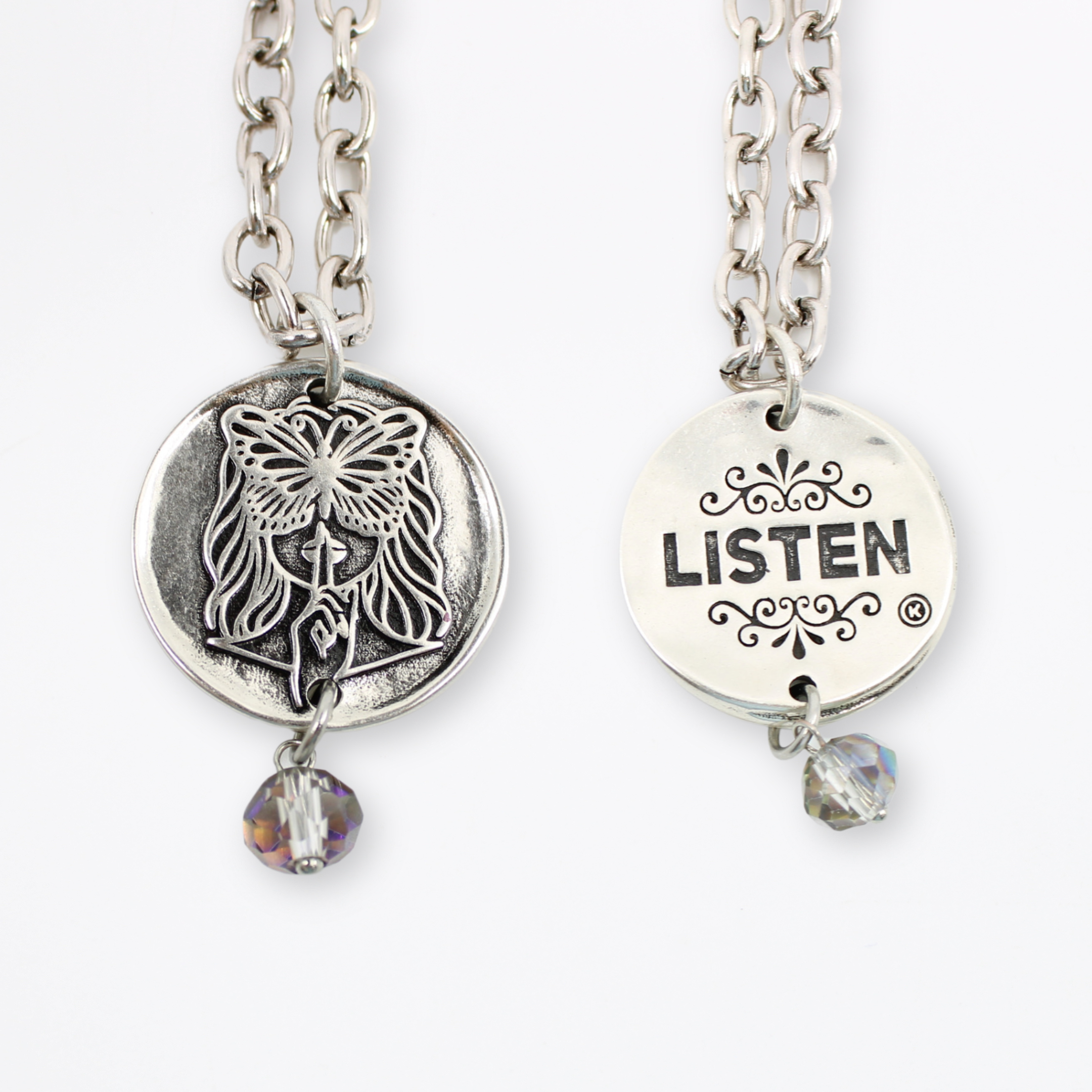 Katia Designs Listen Madame Butterfly Essential Necklace in antique gold showing a delicate butterfly pendant on a chain.