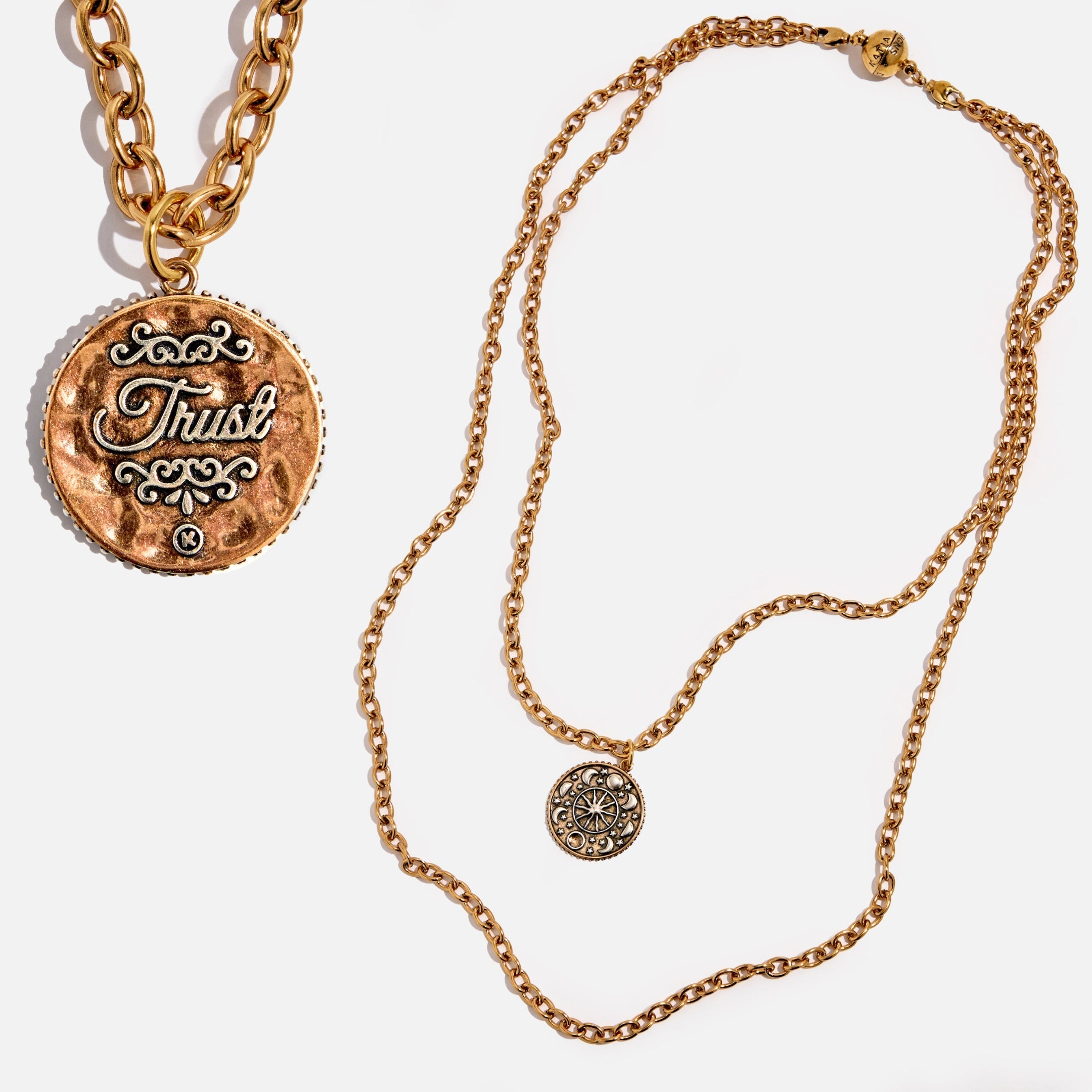 Katia Designs Trust Moon Phase Essential Necklace in antique gold with moon phase pendant and delicate chain.