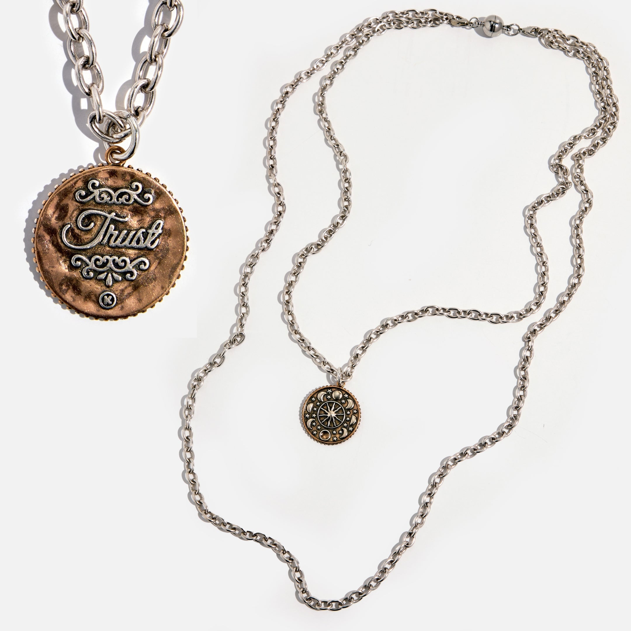Katia Designs Trust Moon Phase Essential Necklace in antique gold, featuring moon phase pendant on a delicate chain.