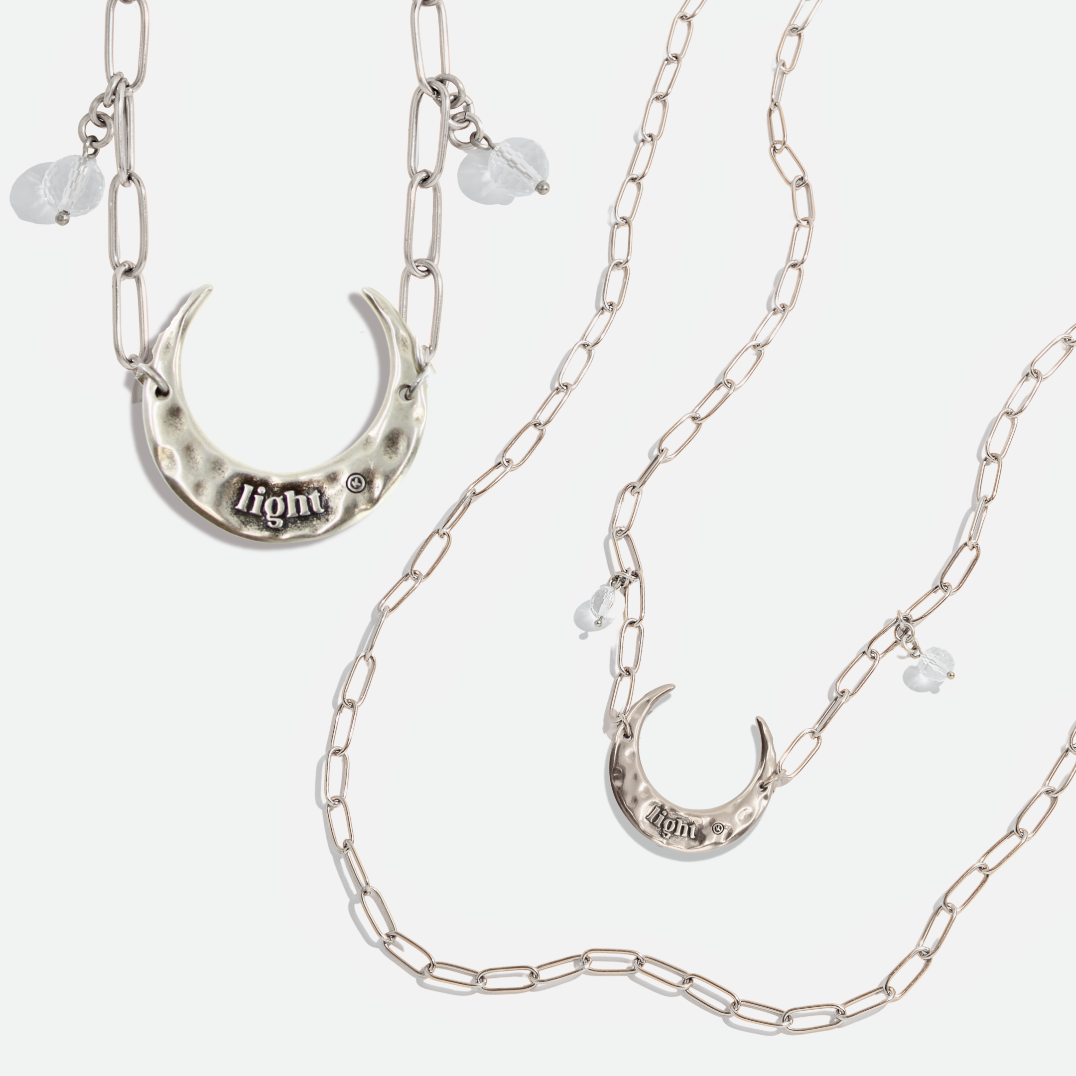 Katia Designs light crescent moon long chain necklace in antique gold with delicate pendant, versatile jewelry for everyday wear