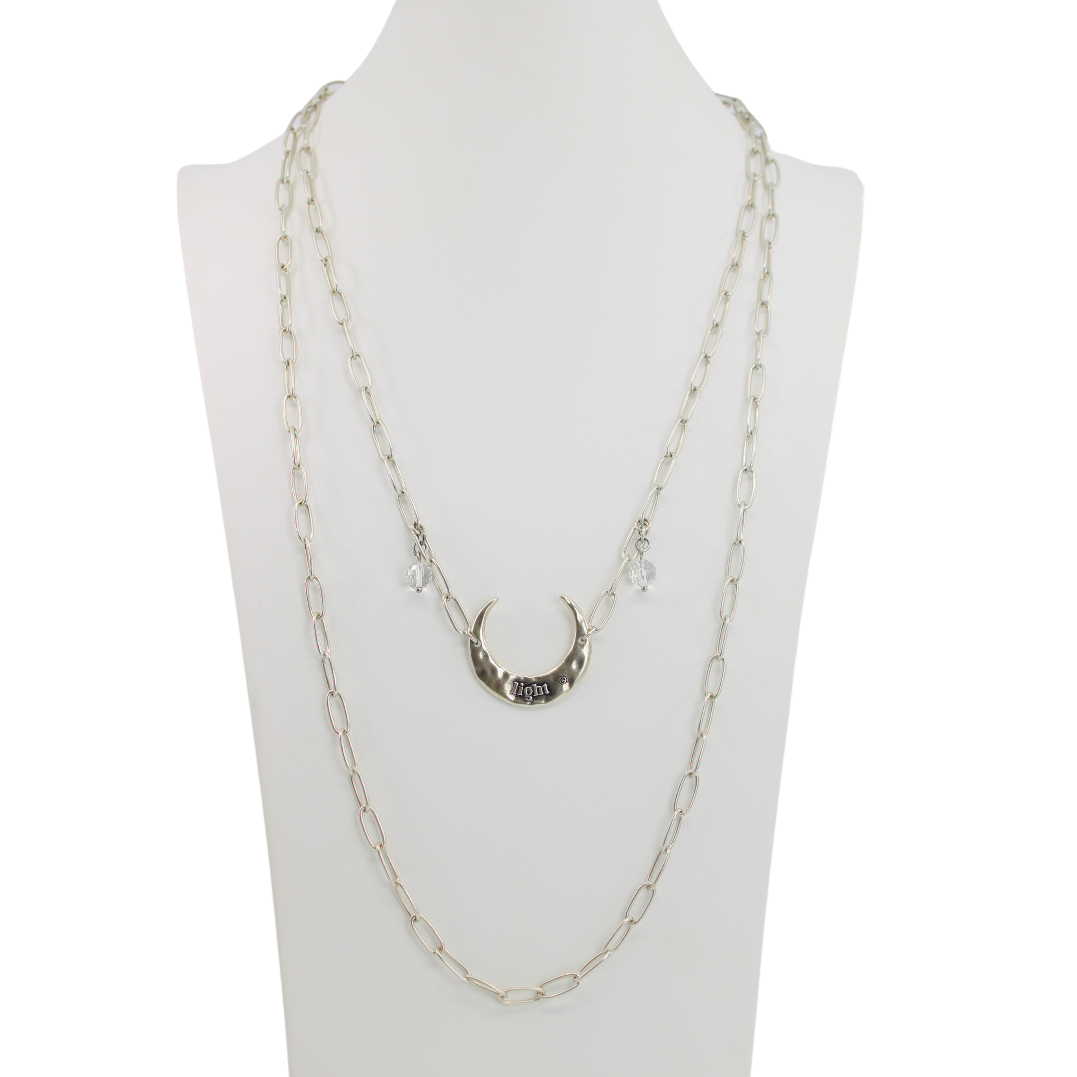 Katia Designs light antique gold crescent moon long chain necklace with delicate chain and moon pendant, elegant and stylish jewelry piece