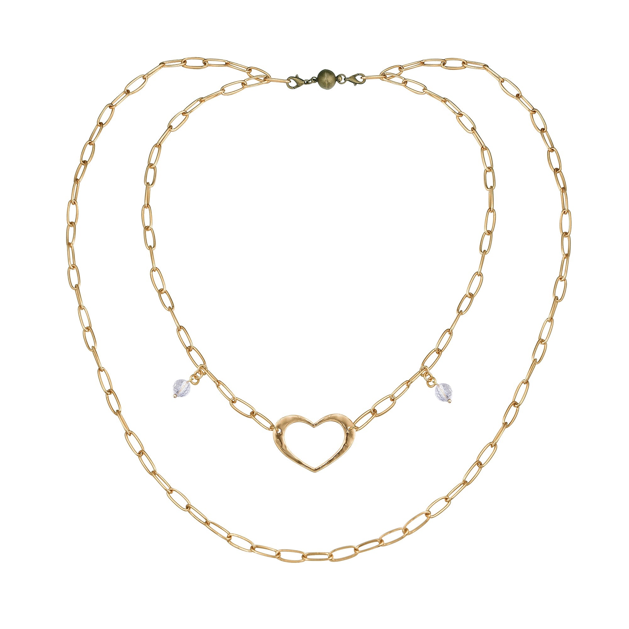 Katia Designs long chain necklace with an open heart pendant in antique gold, featuring a delicate and elegant design.