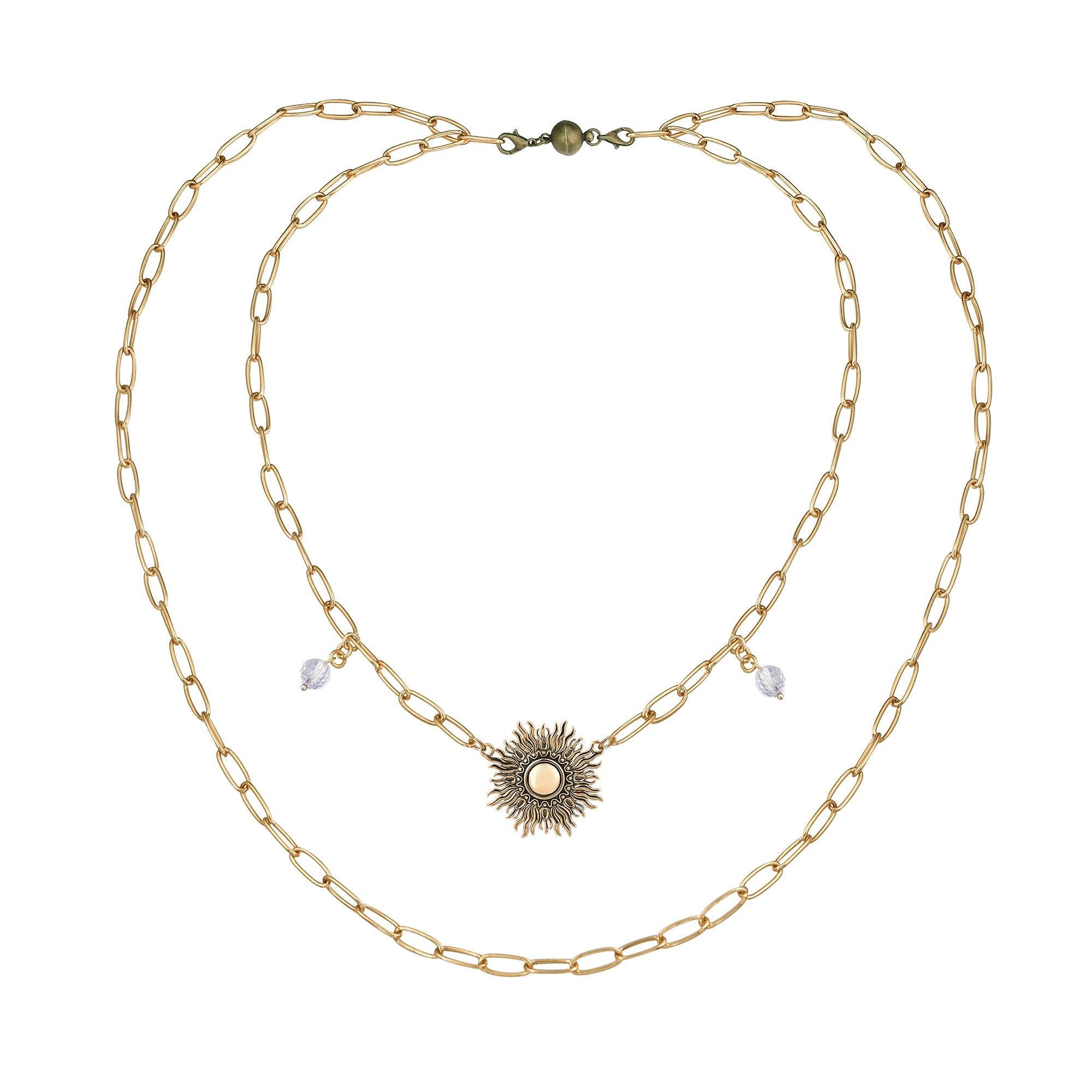 Katia Designs antique gold starburst long chain necklace with imperfect, handcrafted design and intricate starburst pendant.