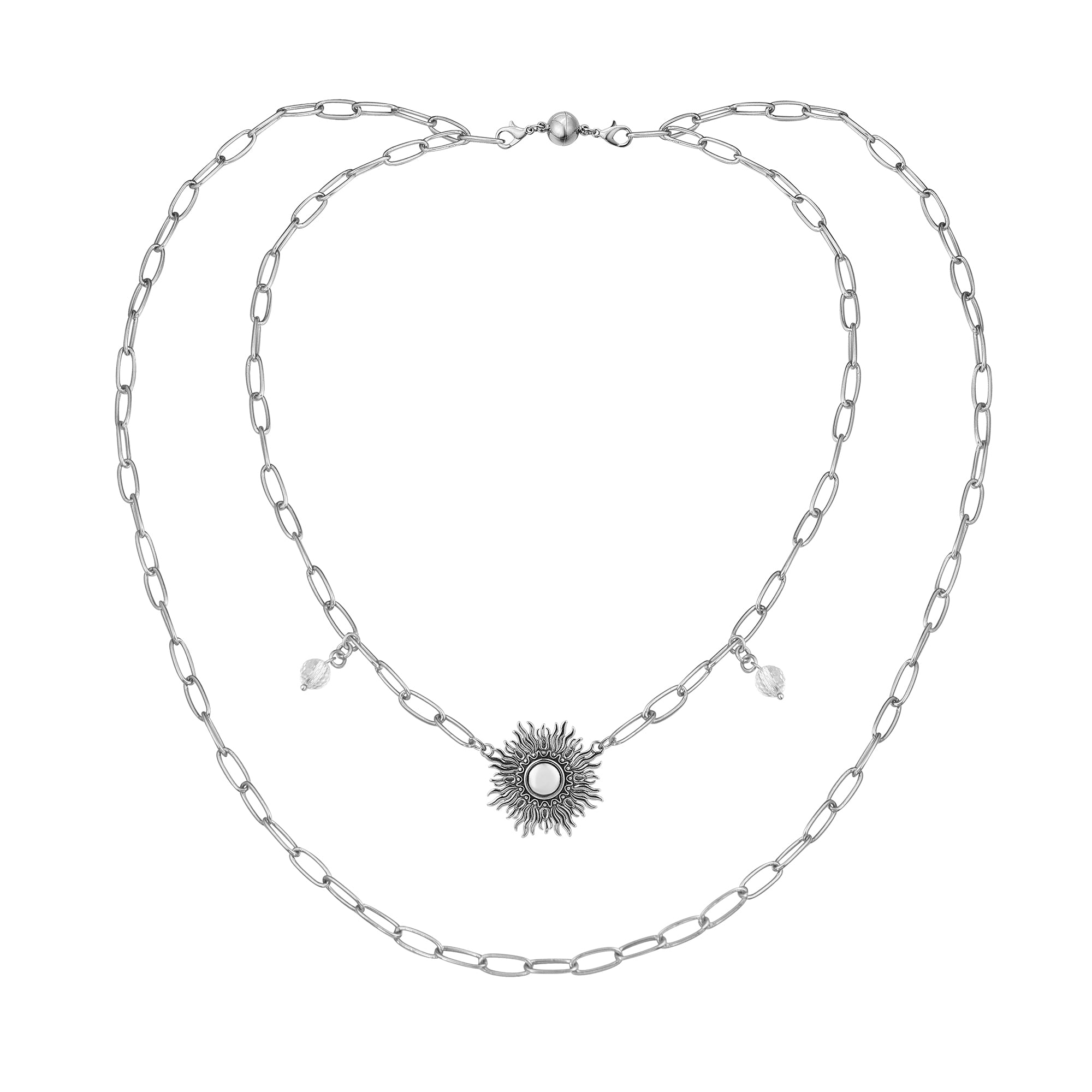 Katia Designs antique gold starburst long chain necklace with imperfect, unique pendant design on a model.