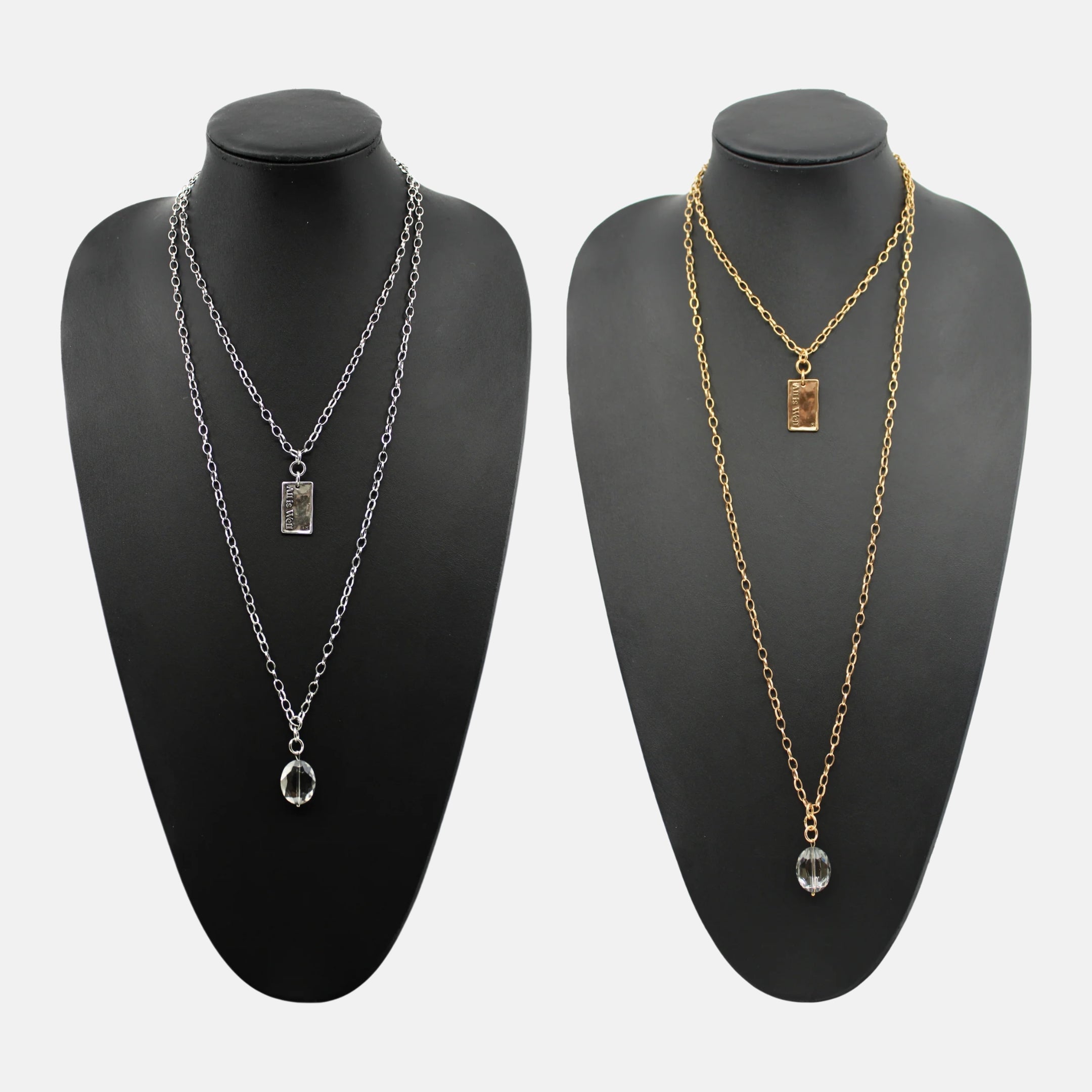 Katia Designs All Is Well Original Lite Necklace in antique gold with smoky crystal accents, delicate chain and elegant design.