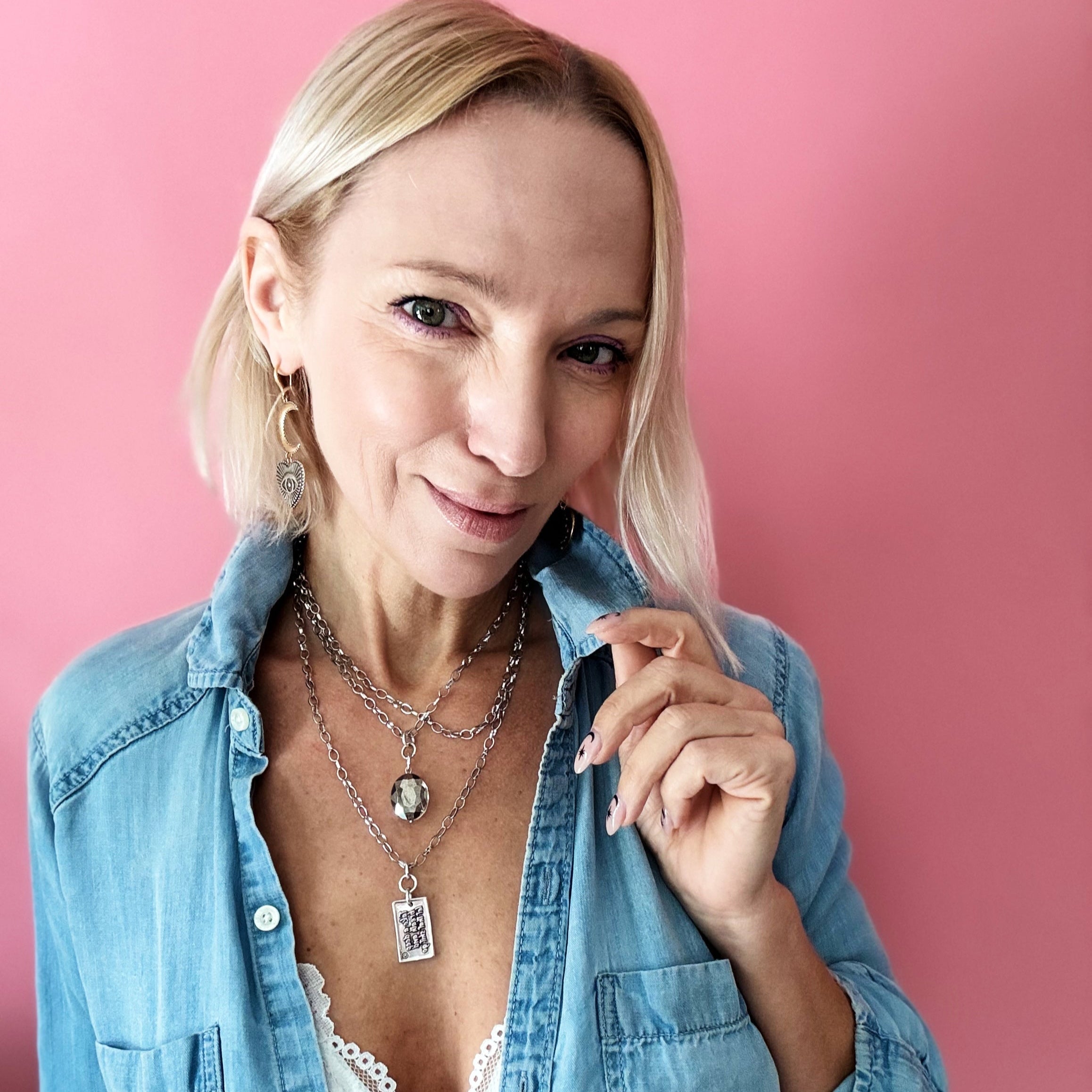 Katia Designs original lite necklace with antique gold finish and smoky crystal, featuring a calming "Take a Deep Breath" pendant.