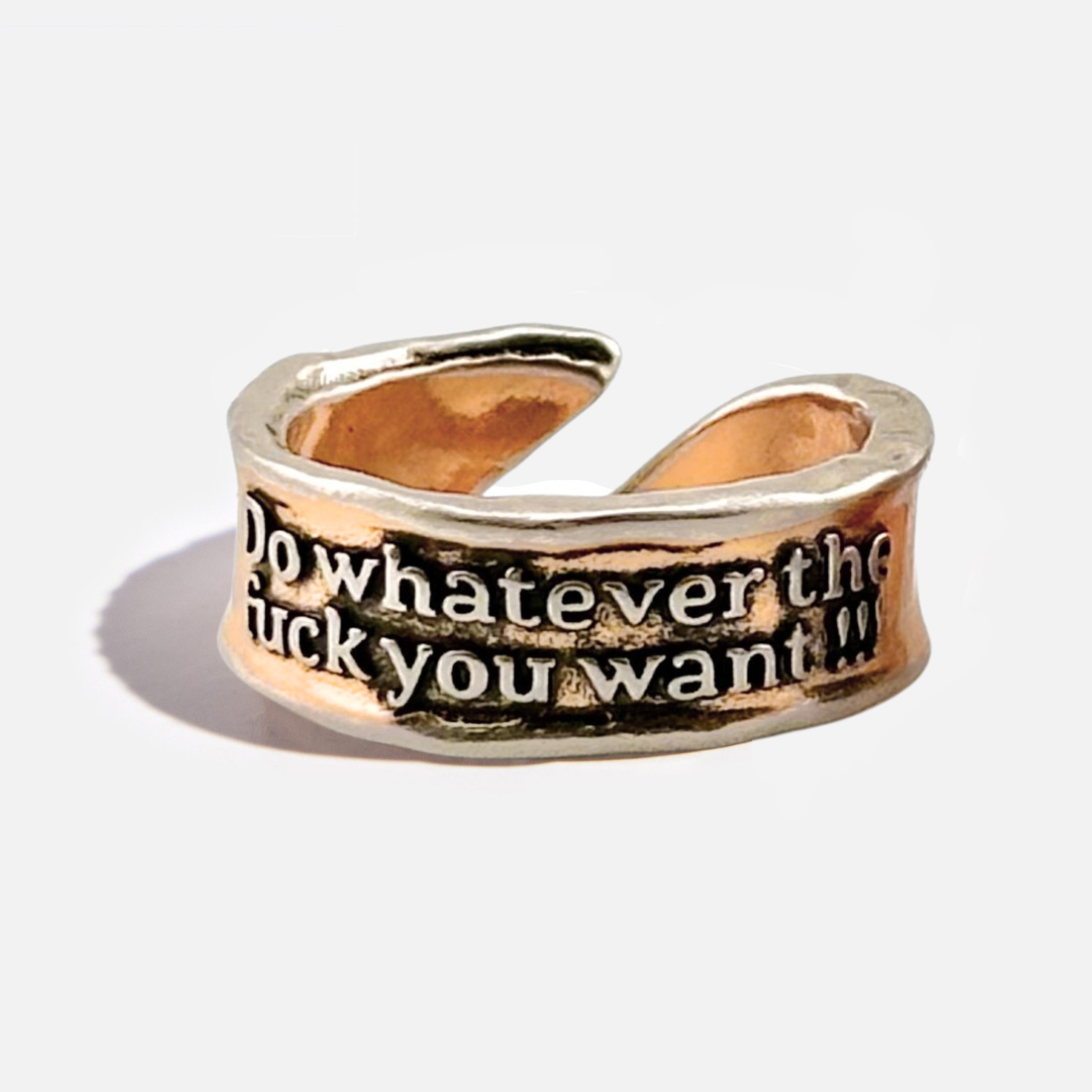 Adjustable ring by Katia Designs with bold engraved text "Do Whatever The F*ck You Want Remember" on a sleek band.