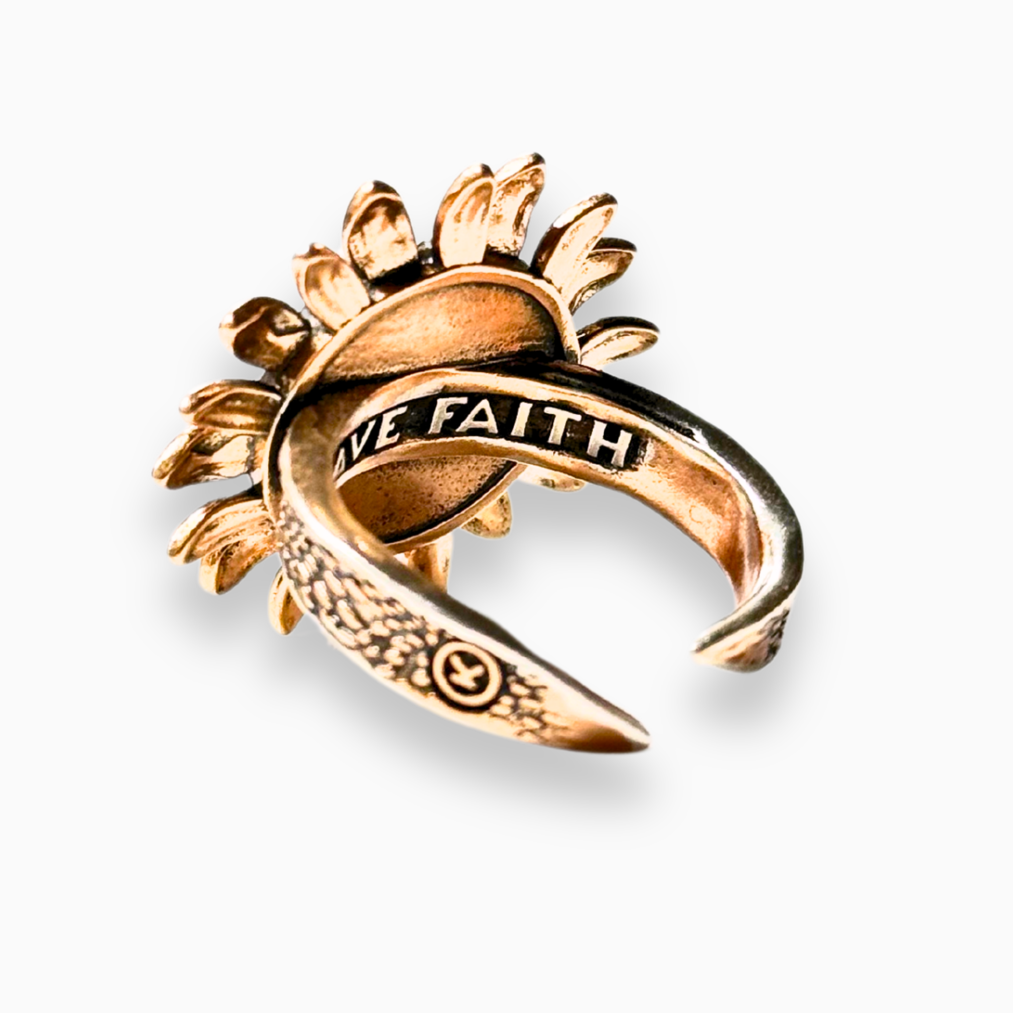 Katia Designs Have Faith Sunflower Inspire adjustable ring with sunflower motif and engraved message, silver-toned jewelry.