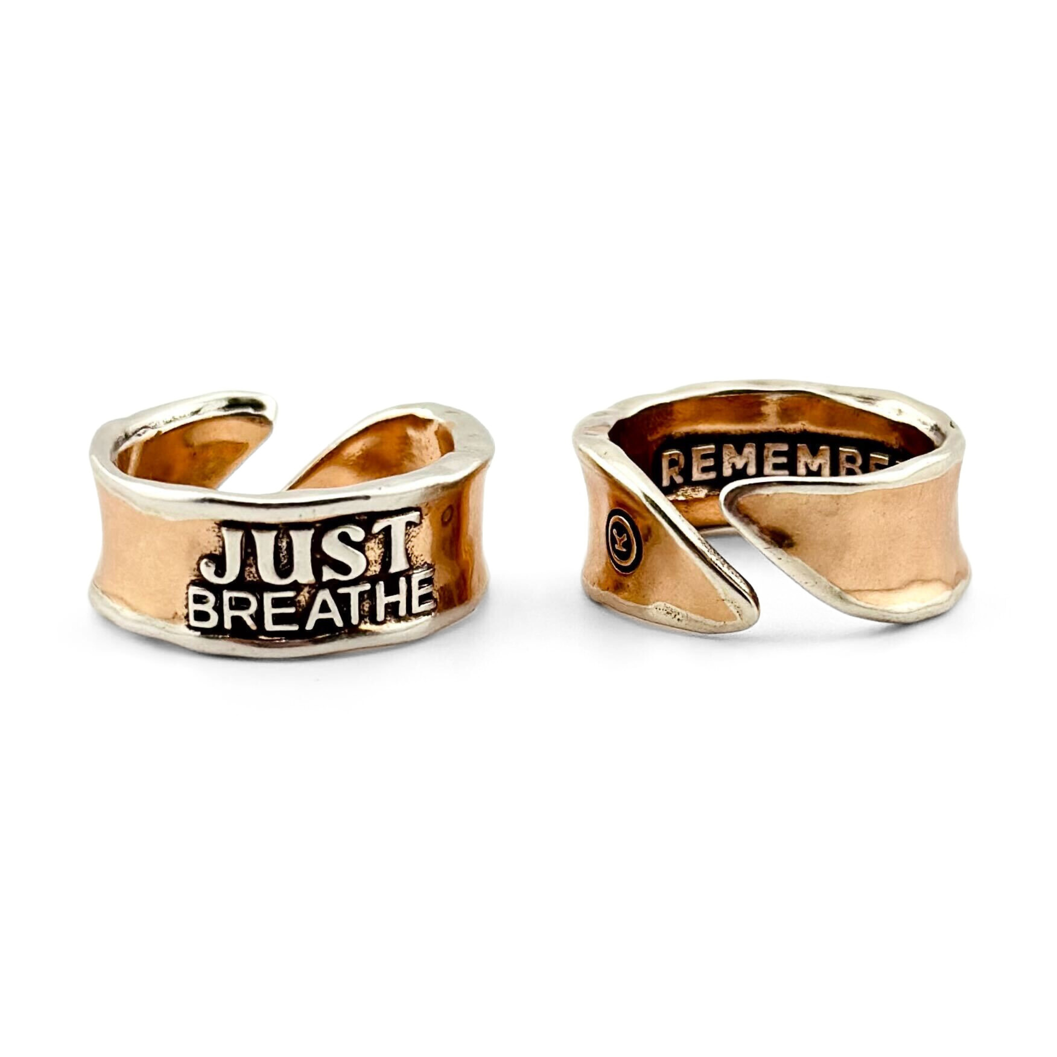 Katia Designs Just Breathe Remember adjustable silver ring with engraved message and open band design.