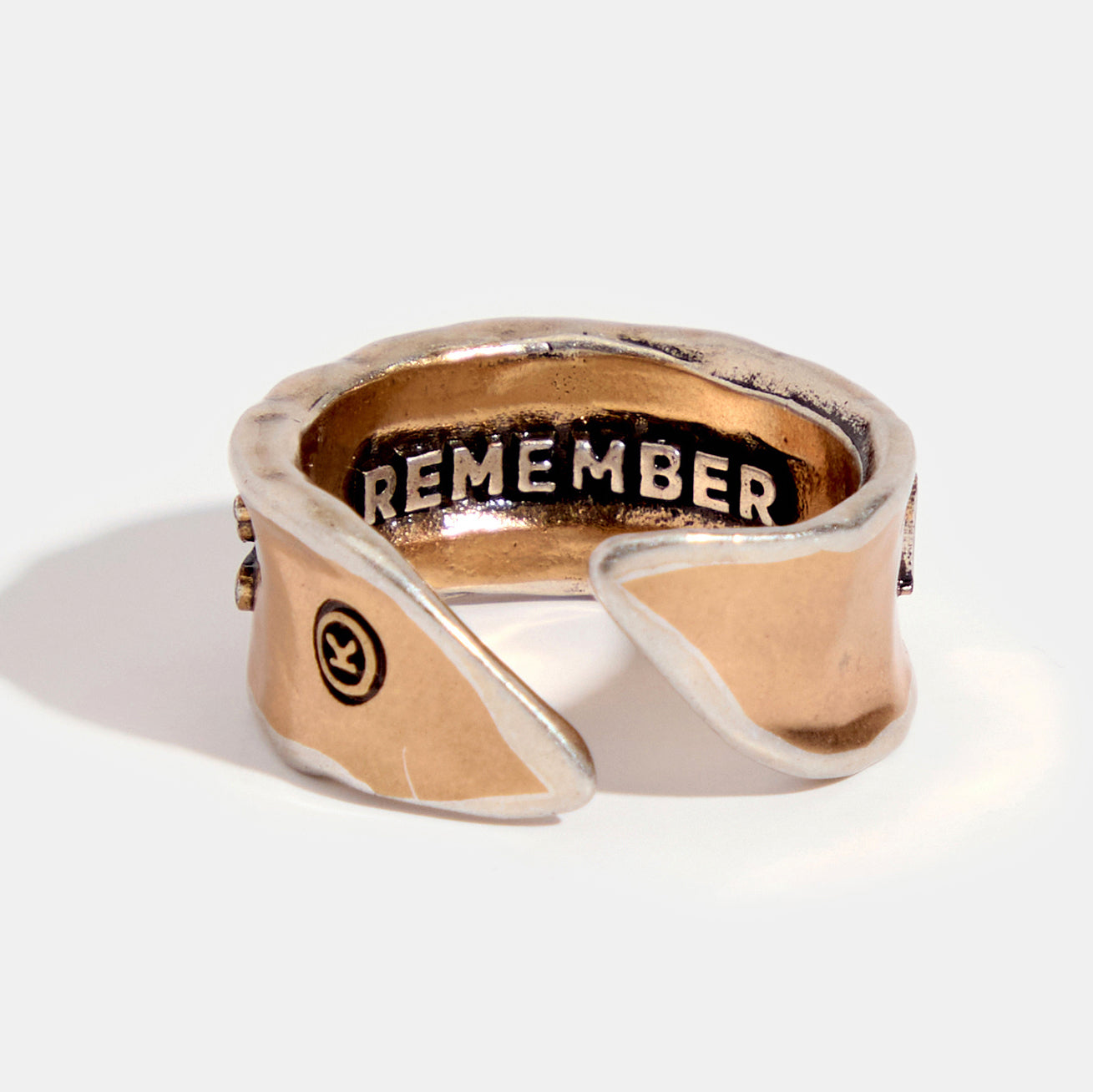 Katia Designs Keep Going Remember adjustable ring with engraved message, silver-tone metal, fits various finger sizes.