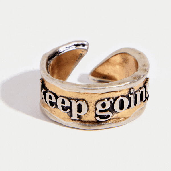 Katia Designs Keep Going Remember adjustable ring with engraved message and sleek silver band.