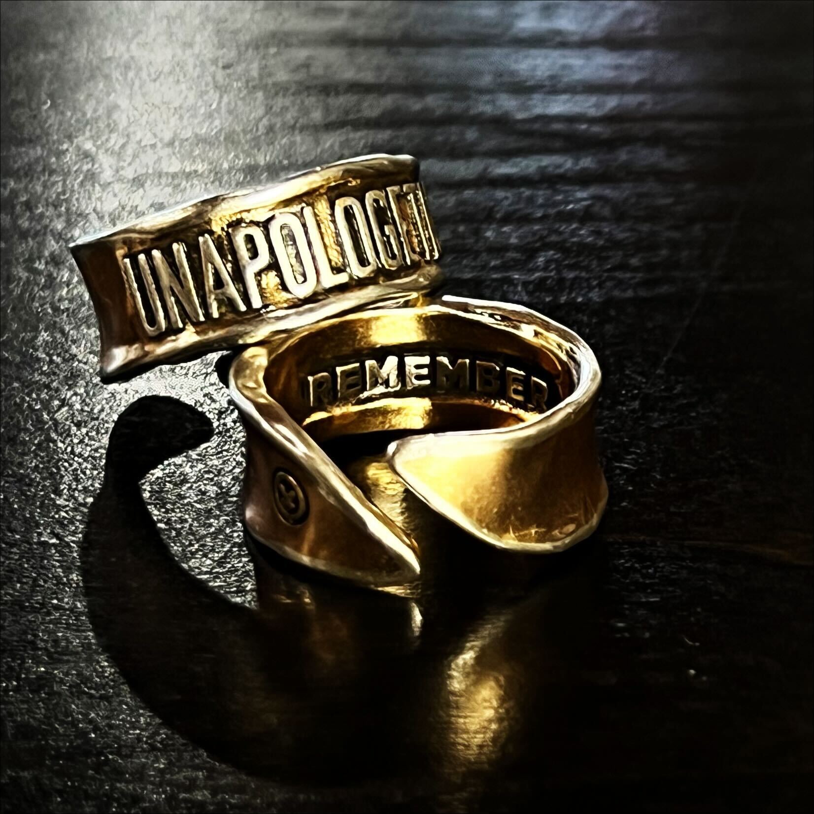 Katia Designs Unapologetic Remember adjustable ring with engraved design on silver-tone metal, size 5-7.