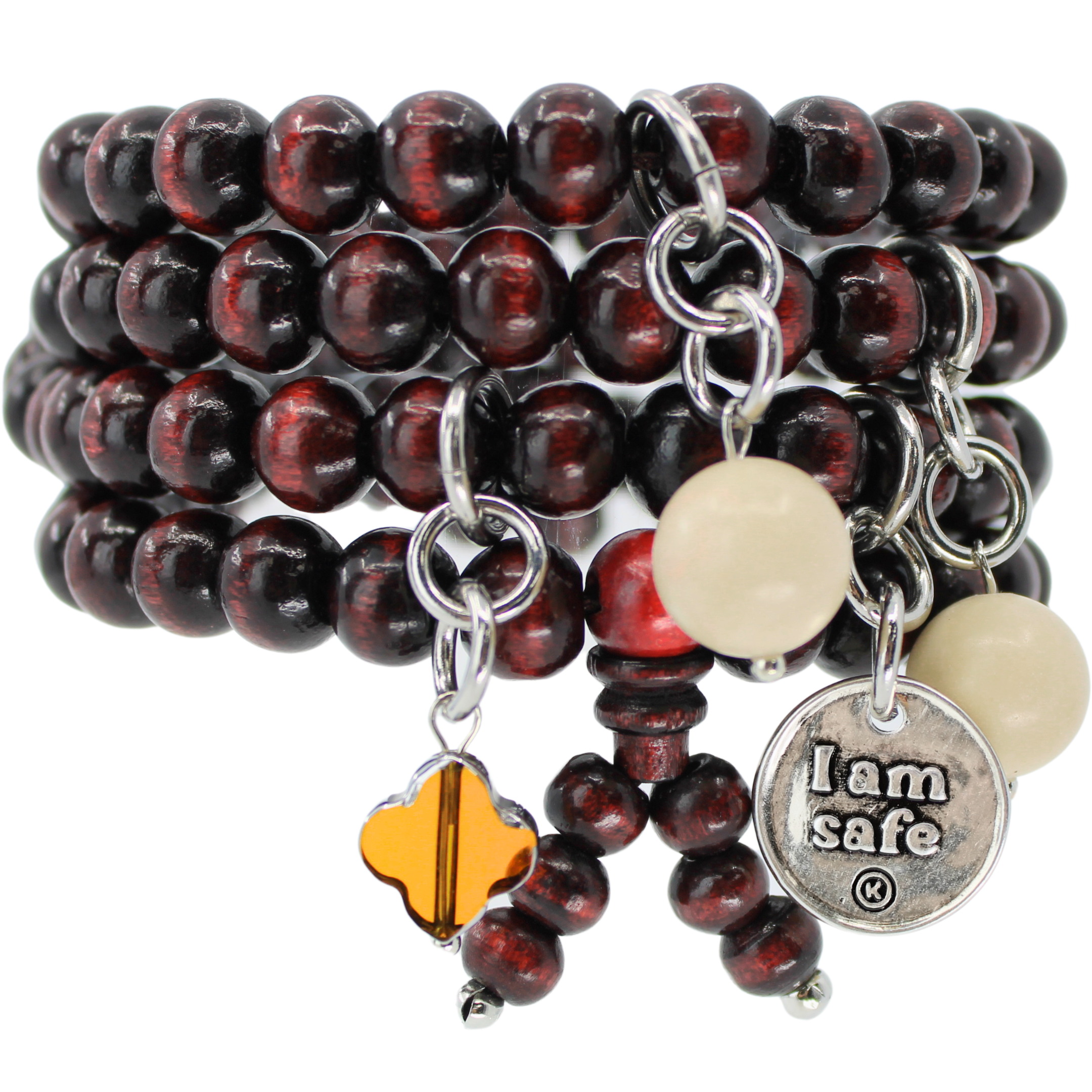 Katia Designs I Am Safe Heart wood boho wrap bracelet and necklace with antique gold accents, featuring a heart pendant.