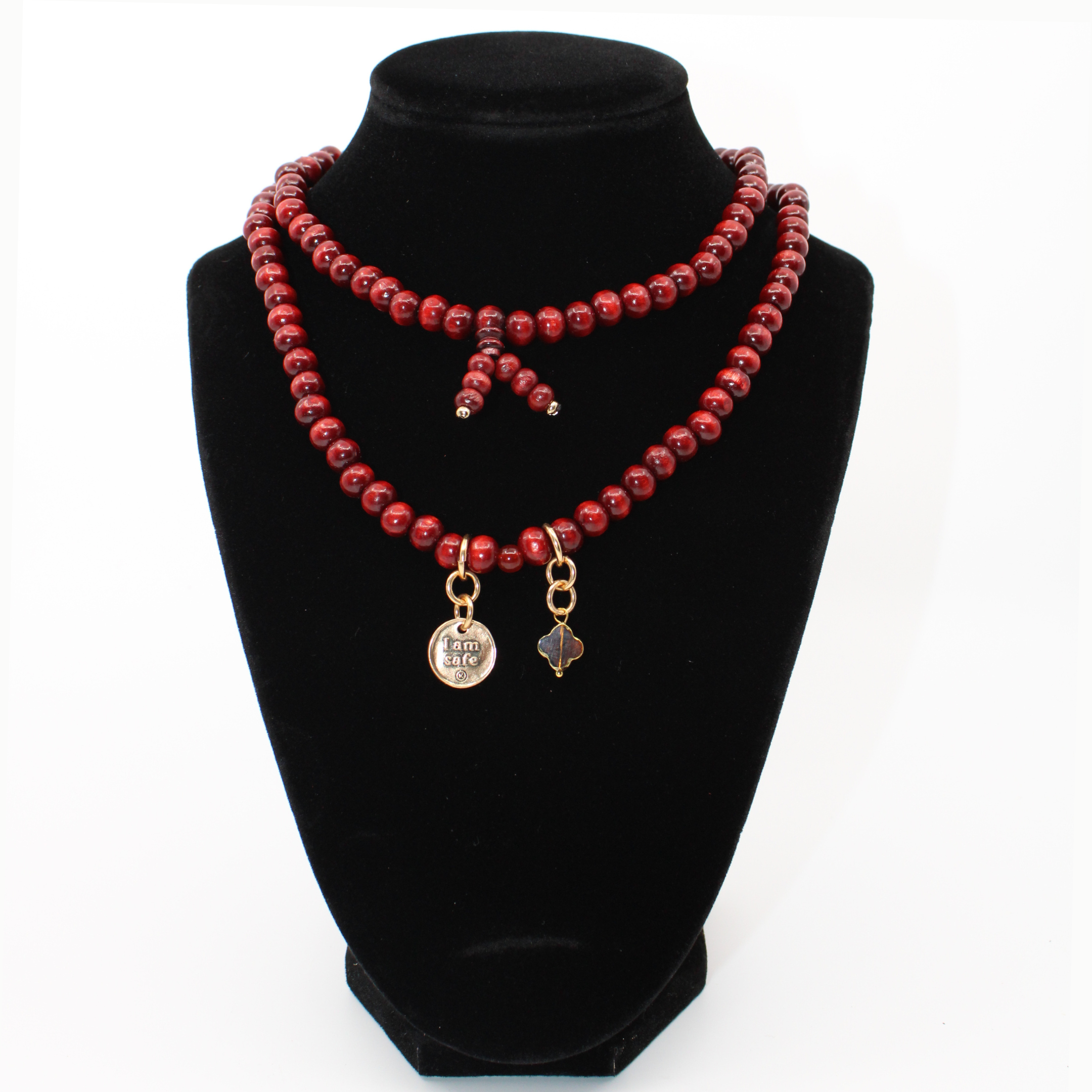 Katia Designs I Am Safe Heart wood boho wrap bracelet and necklace with antique gold accents, featuring a heart charm.