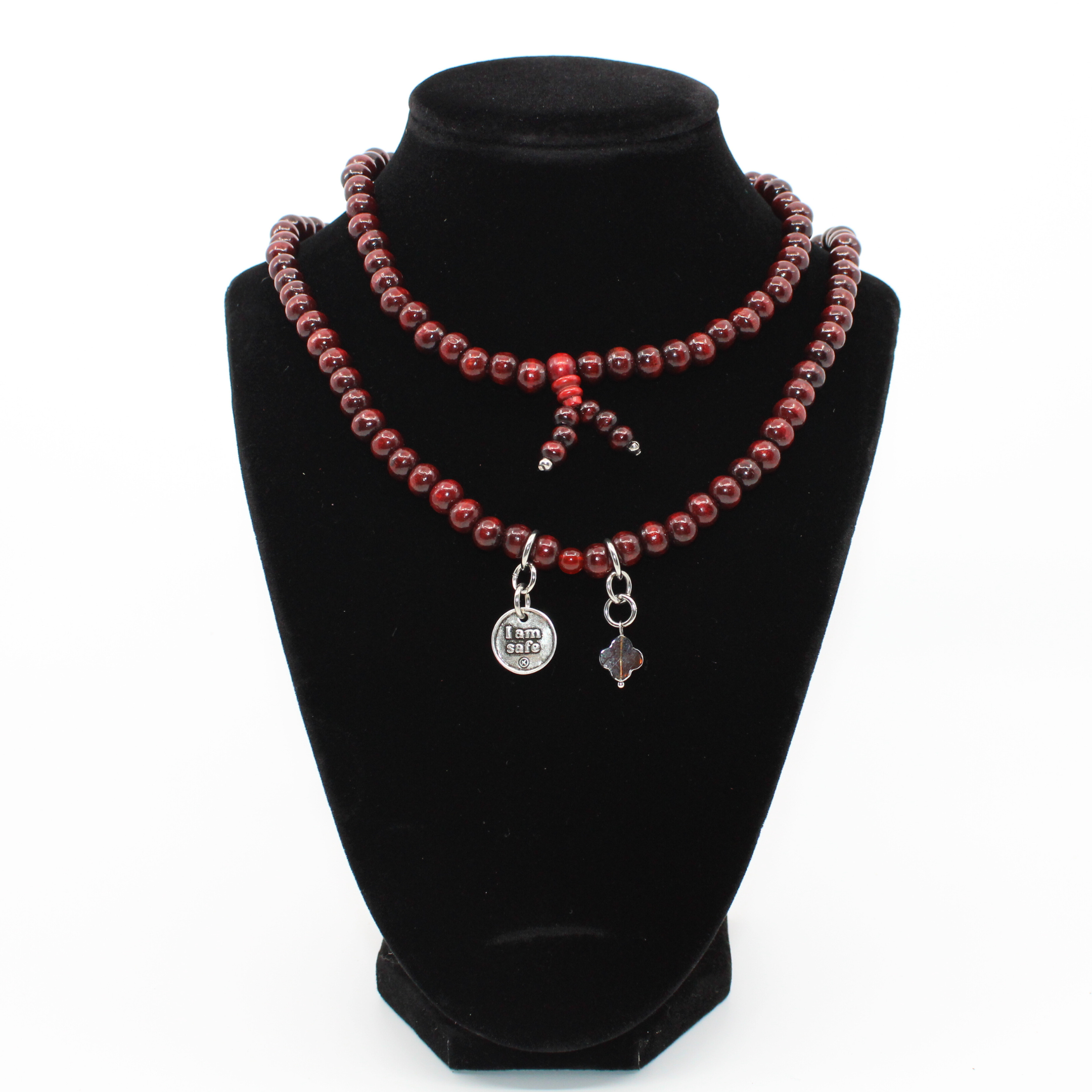 Katia Designs I Am Safe Heart wood boho wrap bracelet and necklace with antique gold accents, featuring a heart charm.