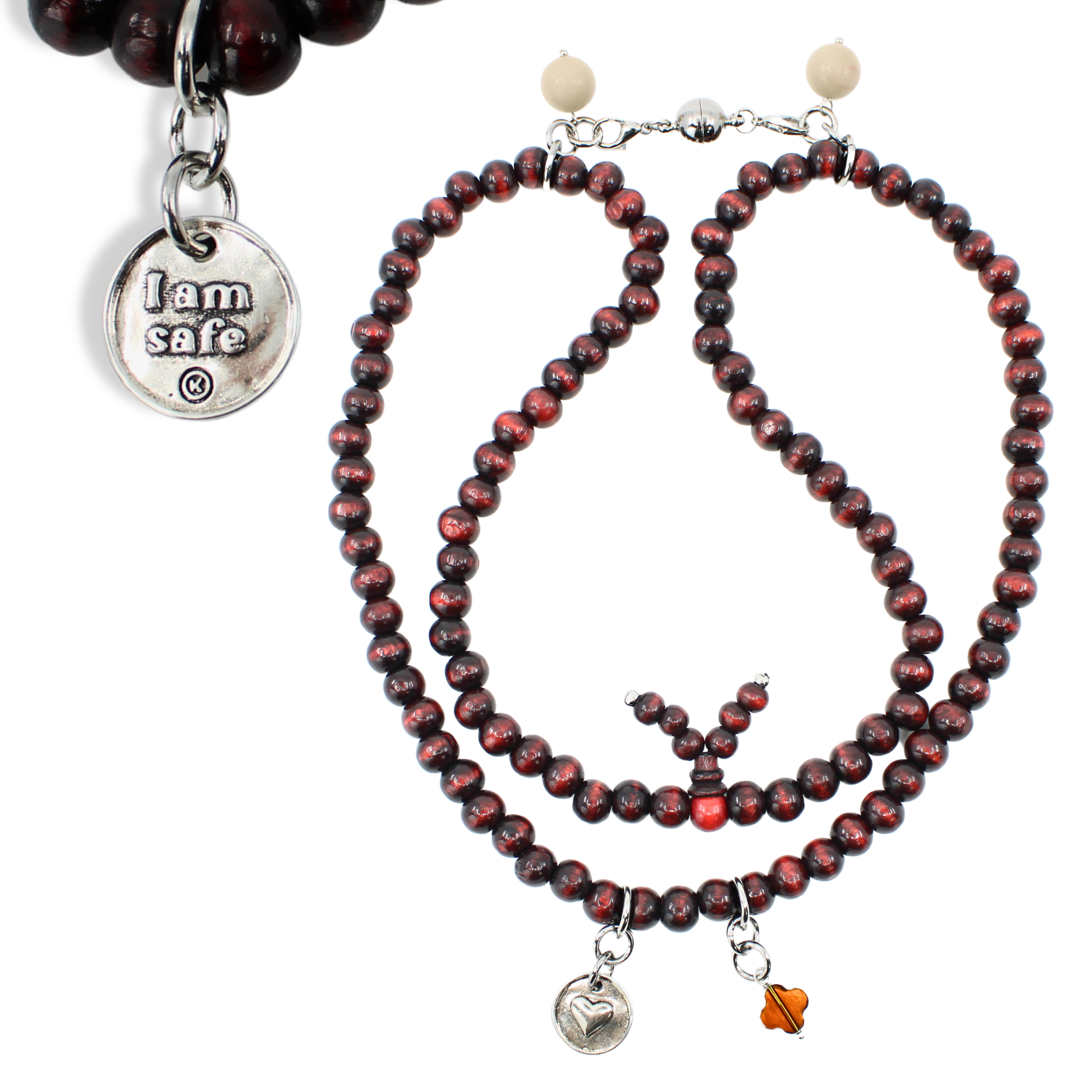 Katia Designs I Am Safe Heart wood boho wrap bracelet and necklace with antique gold accents, featuring a heart pendant and natural wood beads.