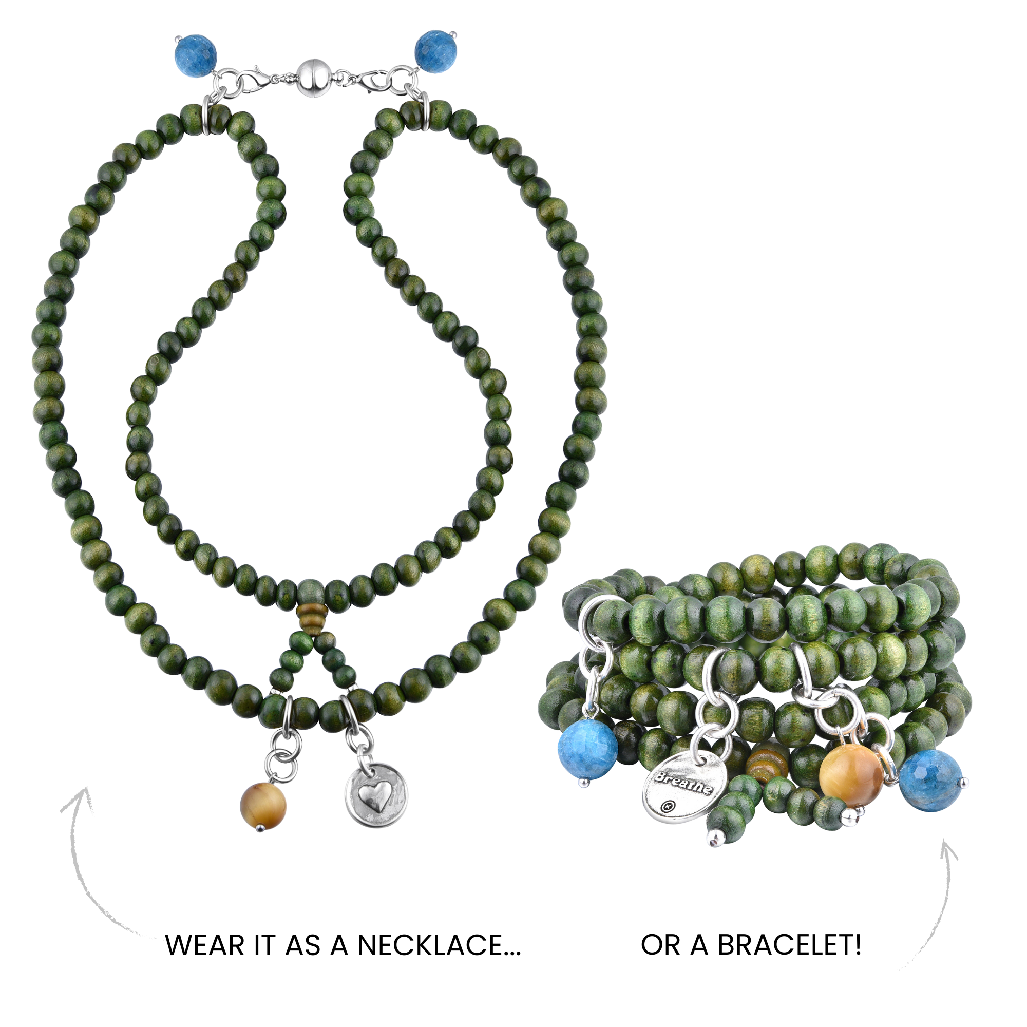 Katia Designs Breathe Heart Wood Boho Wrap Bracelet and Necklace with natural wood beads and a heart charm, bohemian style jewelry.