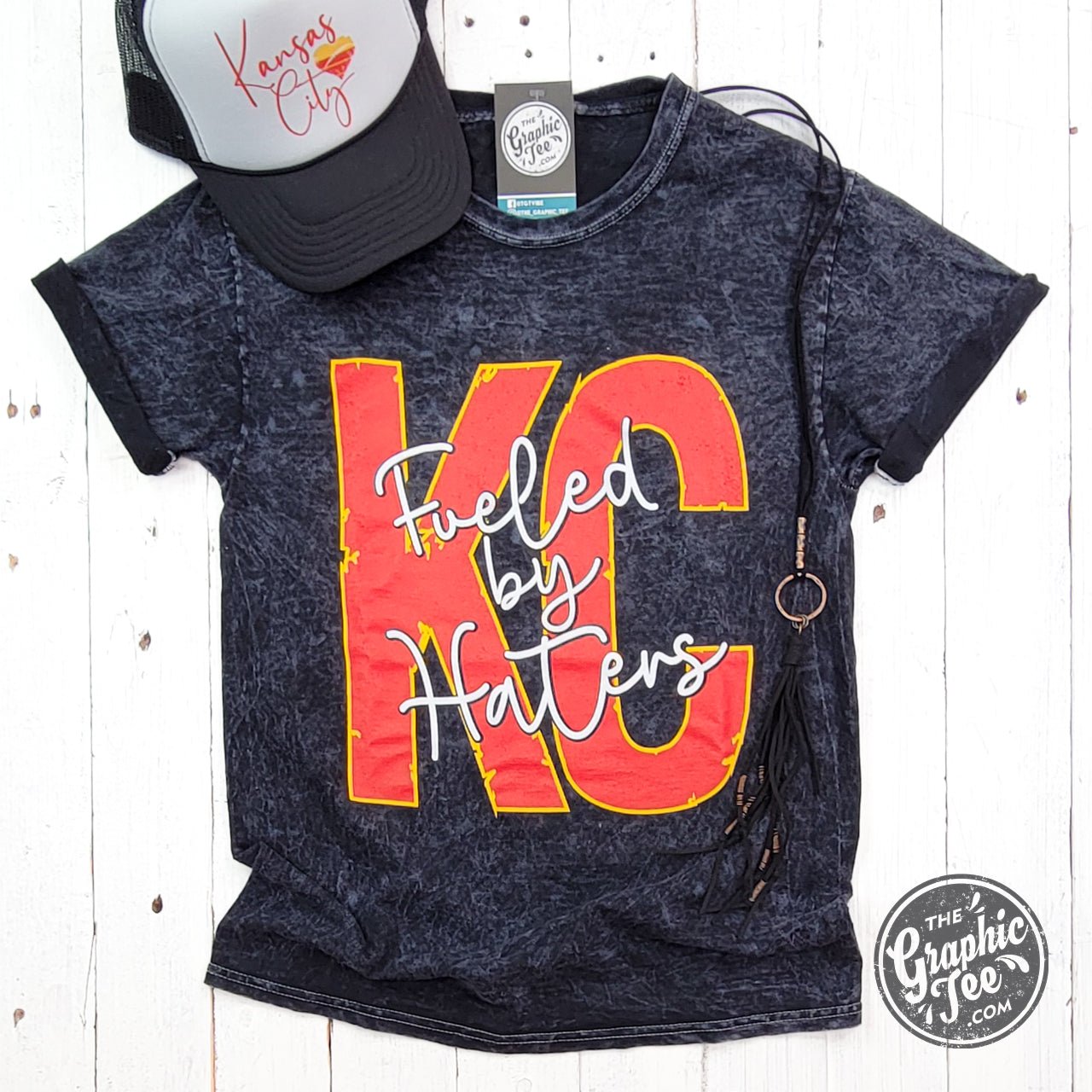 The Graphic Tee's KC Fueled By Haters mineral wash crew neck short sleeve shirt, featuring a casual, vintage-inspired design.