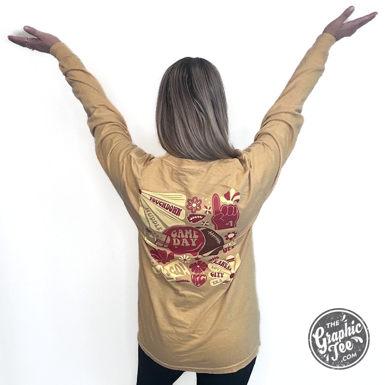 KC Groovy Mustard Comfort Colors long sleeve graphic tee featuring vibrant groovy design and comfortable fit by The Graphic Tee.